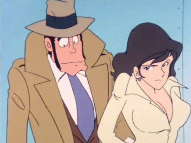 mine fujiko, zenigata kouichi, lupin iii, tms entertainment, animated, animated gif, 1970s (style), 1boy, 1girl, breasts, covering privates, nipples, retro artstyle, undressing