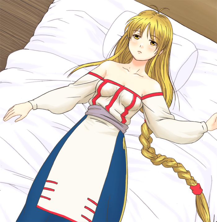 hosi, lieza (arc the lad), arc the lad, arc the lad ii, 1girl, bed, blonde hair, braid, detached sleeves, dress, female focus, long hair, lying, single braid, solo, yellow eyes