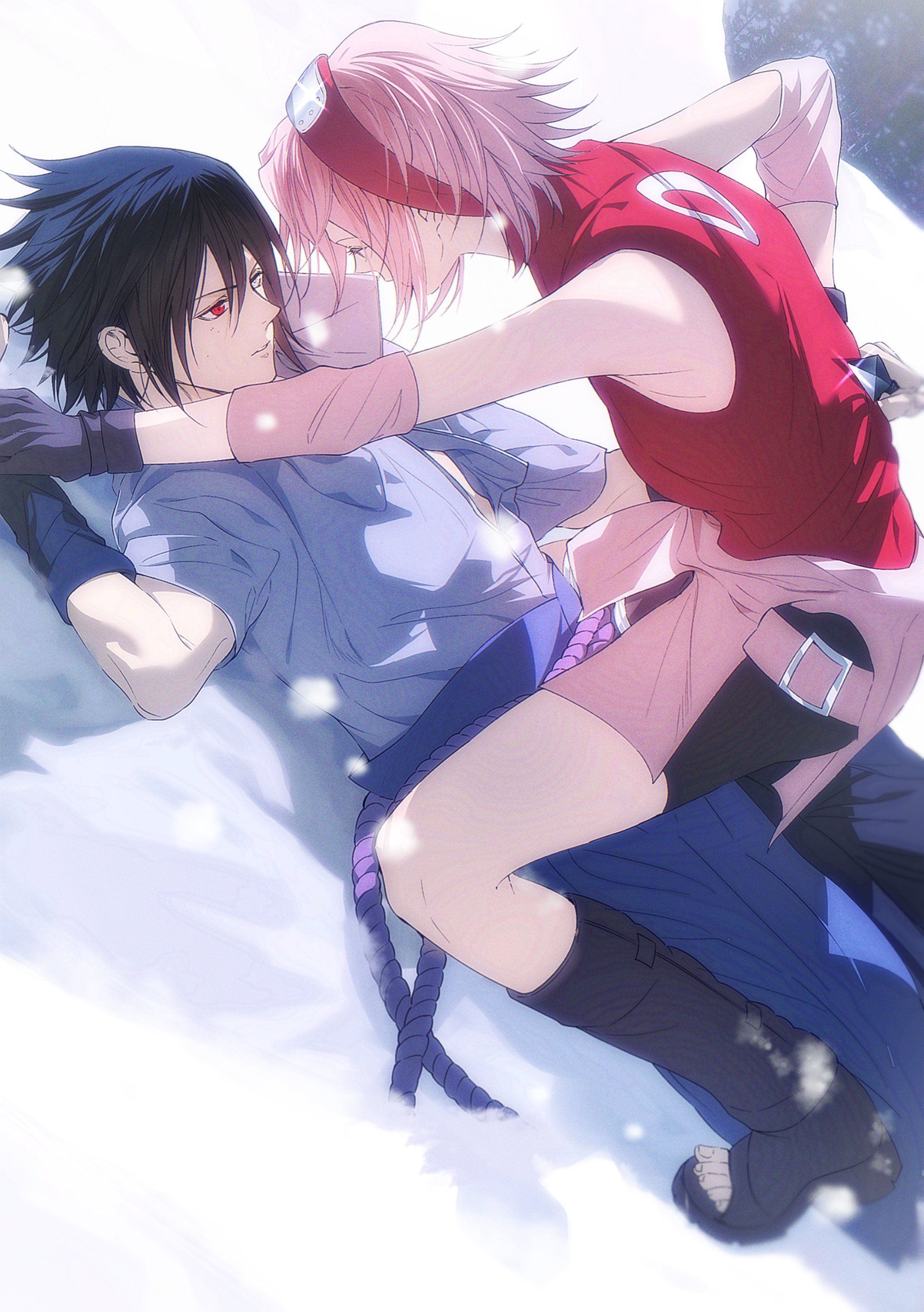 niku (ni23ku), haruno sakura, uchiha sasuke, naruto (series), absurdres, hashtag-only commentary, highres, 1boy, 1girl, belt, belt buckle, bike shorts, black gloves, black hair, blue hakama, buckle, girl on top, gloves, hakama, japanese clothes, lying, on back, pink belt, pink hair, red eyes, red shirt, rope belt, shirt, short hair, sleeveless, sleeveless shirt, snow, spiked hair
