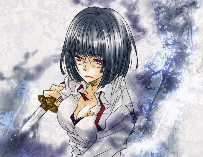 hikaru kk, sonohara anri, durarara!!, 1girl, black hair, bob cut, bra, breasts, cleavage, female focus, flower, glasses, large breasts, lingerie, red eyes, red flower, school uniform, short hair, solo, spider lily, torn clothes, underwear