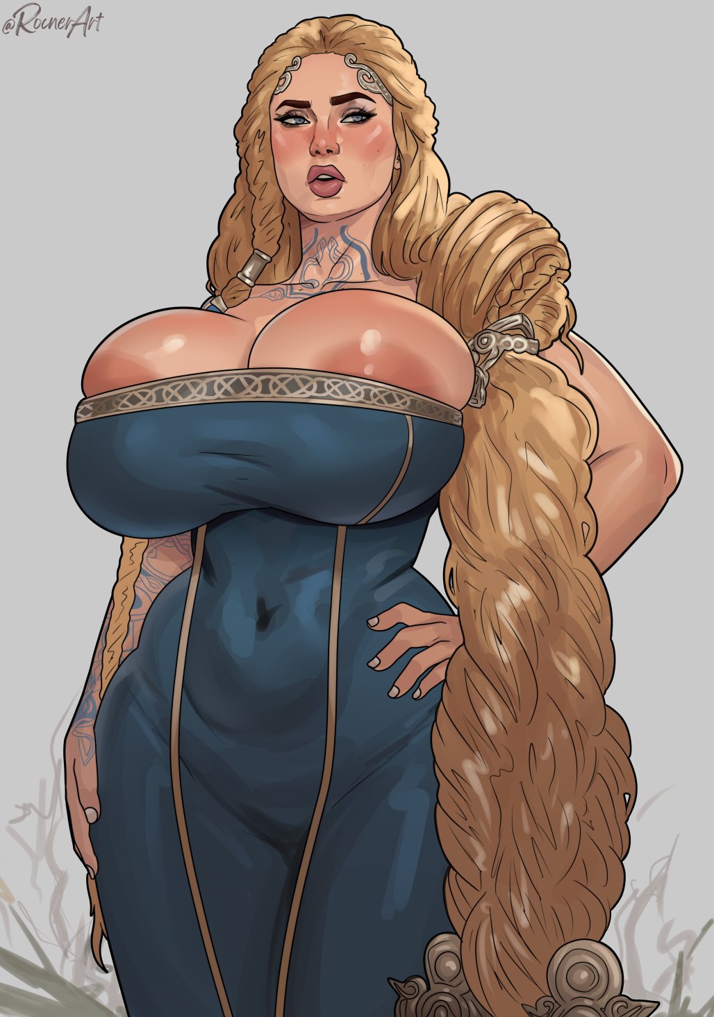 rocner, sif (god of war), god of war ragnarok, commentary, english commentary, highres, 1girl, blonde hair, blue dress, blue eyes, blush, breasts, calflet, dress, grey background, huge breasts, long hair, mature female, navel, nipple slip, nipples, simple background, solo, tattoo, thick lips, thick thighs, thighs, very long hair, wide hips