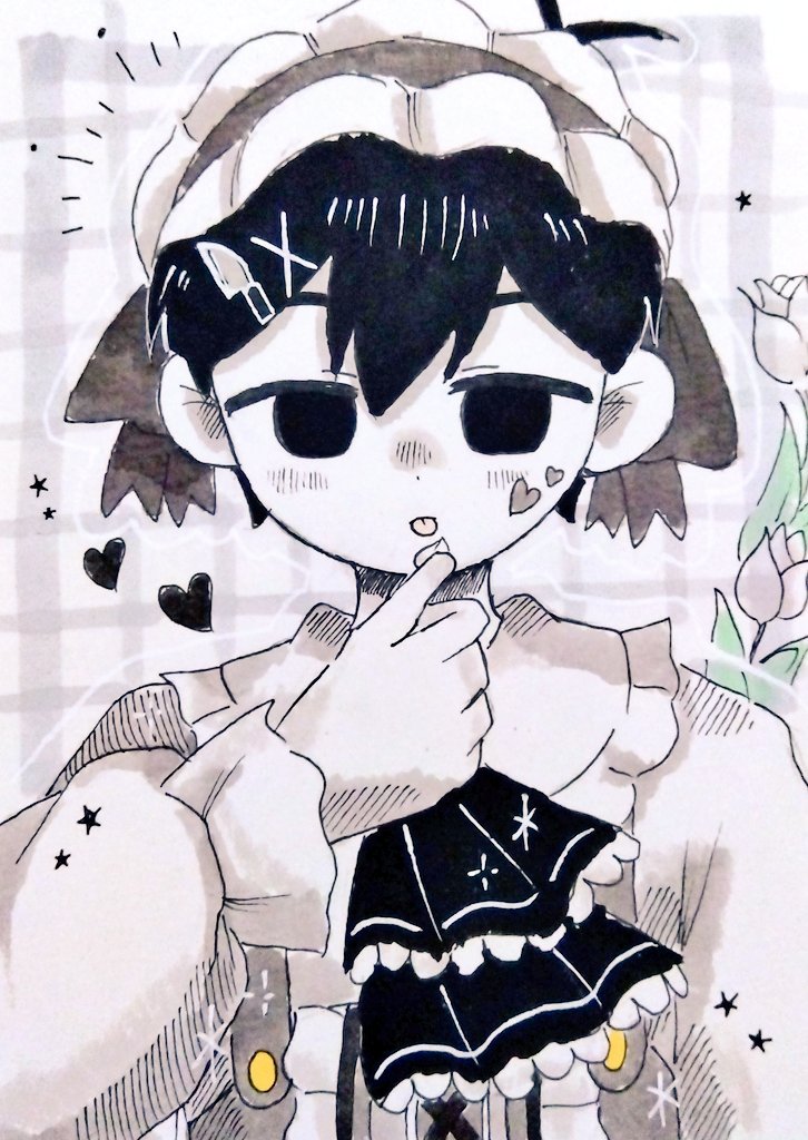 omori (omori), omori, commentary request, 1boy, alternate costume, antenna hair, black eyes, black hair, blush, closed mouth, colored skin, double-parted bangs, flower, geldslzcyf59548, hair between eyes, hair ornament, hairclip, long sleeves, looking at viewer, male focus, short hair, solo, tongue, tongue out, tulip, upper body, white flower, white skin, white tulip