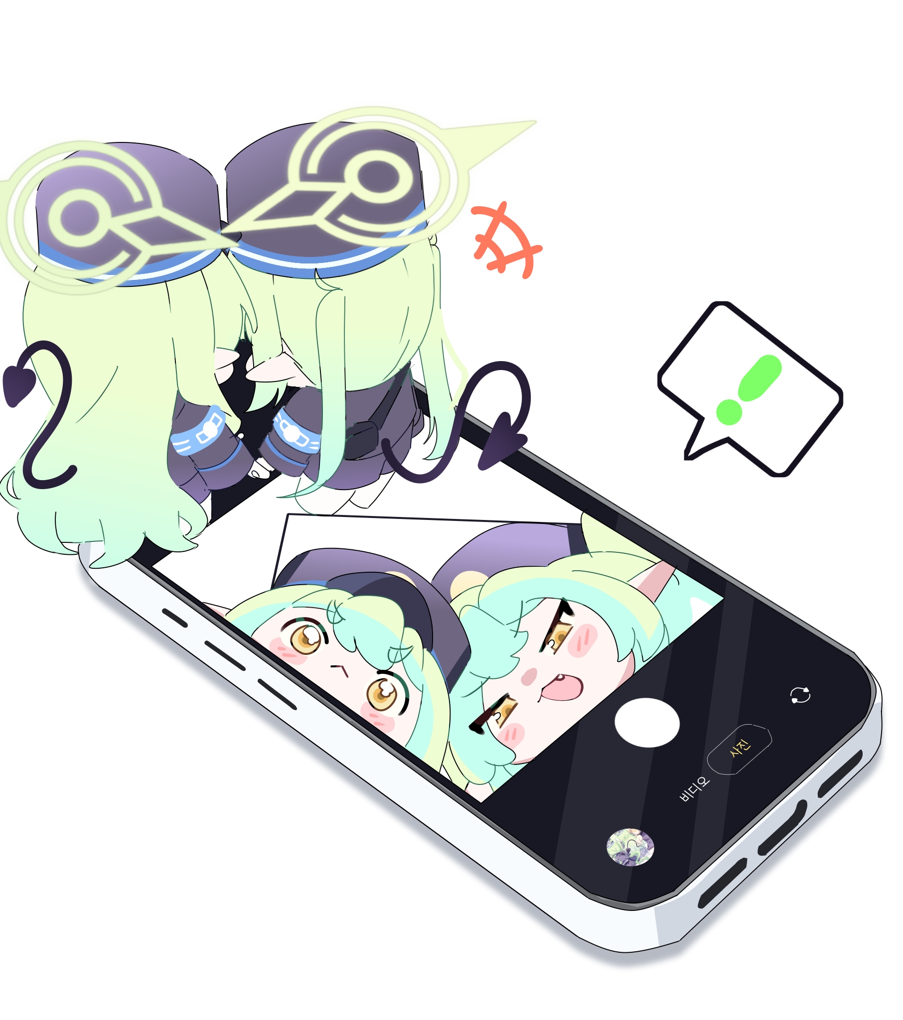 poko050498, hikari (blue archive), nozomi (blue archive), blue archive, highres, !, 2girls, armband, black tail, blue armband, blush, cellphone, closed mouth, demon tail, figures taking selfie (meme), full body, green hair, green halo, halo, hat, holding hands, looking at viewer, making faces, meme, multiple girls, open mouth, pantyhose, peaked cap, phone, pointy ears, selfie, siblings, sisters, smartphone, tail, twins, white background, white pantyhose, yellow eyes