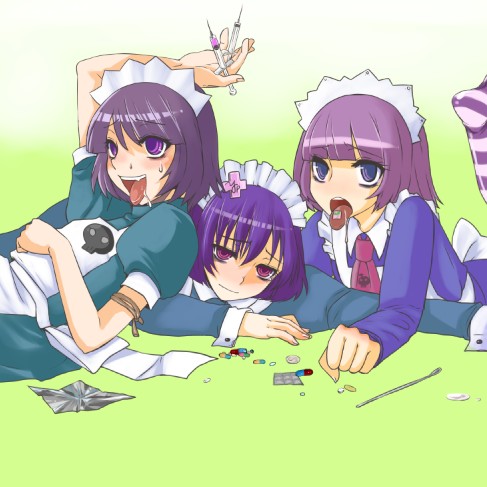 doru riheko, yakui, futaba channel, nijiura maids, striped, lowres, ahegao, apron, crazy eyes, drugged, drugs, maid, maid apron, maid headdress, open mouth, pill, purple eyes, purple hair, saliva, short hair, skull, smile, syringe, tongue