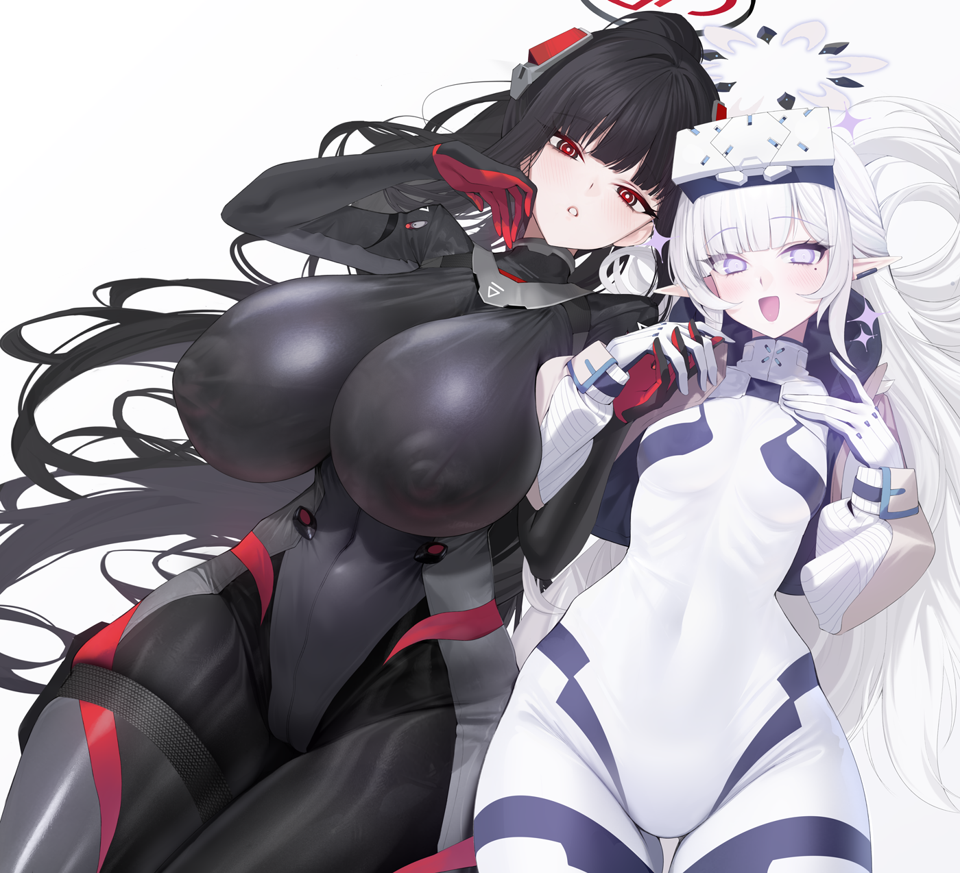 xiujia yihuizi, himari (armed) (blue archive), himari (blue archive), rio (armed) (blue archive), rio (blue archive), blue archive, chinese commentary, commentary, highres, 2girls, :d, black bodysuit, black hair, blush, bodysuit, breasts, bright pupils, covered erect nipples, gloves, halo, holding hands, huge breasts, long hair, looking at viewer, multiple girls, official alternate costume, open mouth, parted lips, ponytail, purple eyes, red eyes, simple background, small breasts, smile, very long hair, white background, white bodysuit, white gloves, white hair, white pupils
