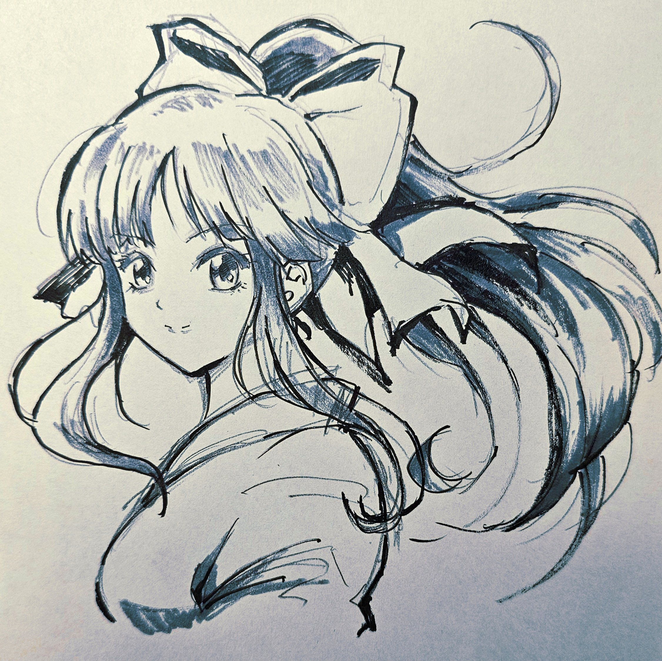 shinguuji sakura, sakura taisen, sega, highres, traditional media, 1girl, black hair, breasts, hair ribbon, japanese clothes, long hair, looking at viewer, medium breasts, monochrome, ponytail, ribbon, sketch, smile, solo