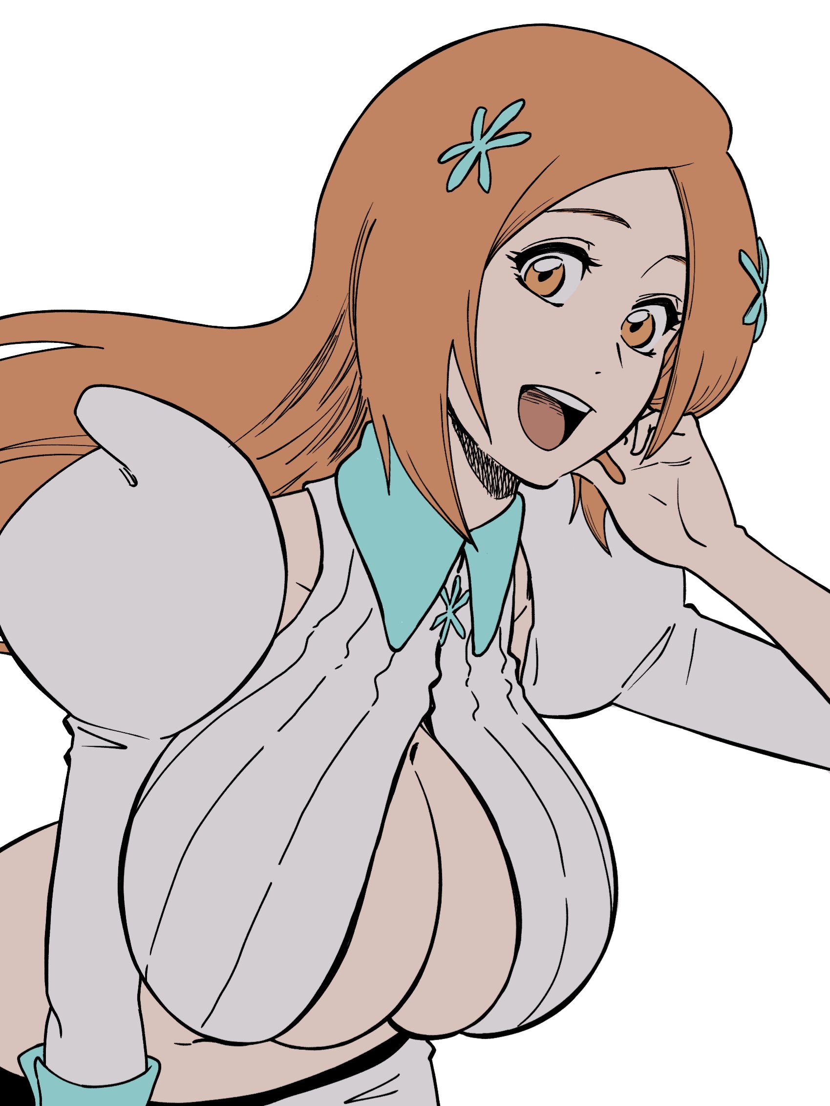 ririvart, inoue orihime, bleach, bleach: sennen kessen-hen, highres, 1girl, alternate eye color, arm behind head, breasts, cleavage, cleavage cutout, clothing cutout, collarbone, detached sleeves, female focus, hair ornament, hairclip, happy, large breasts, long hair, looking at viewer, midriff, navel, official alternate costume, open mouth, orange eyes, orange hair, puffy sleeves, simple background, snowflake hair ornament, stomach, teeth, tongue, upper body, upper teeth only, white background