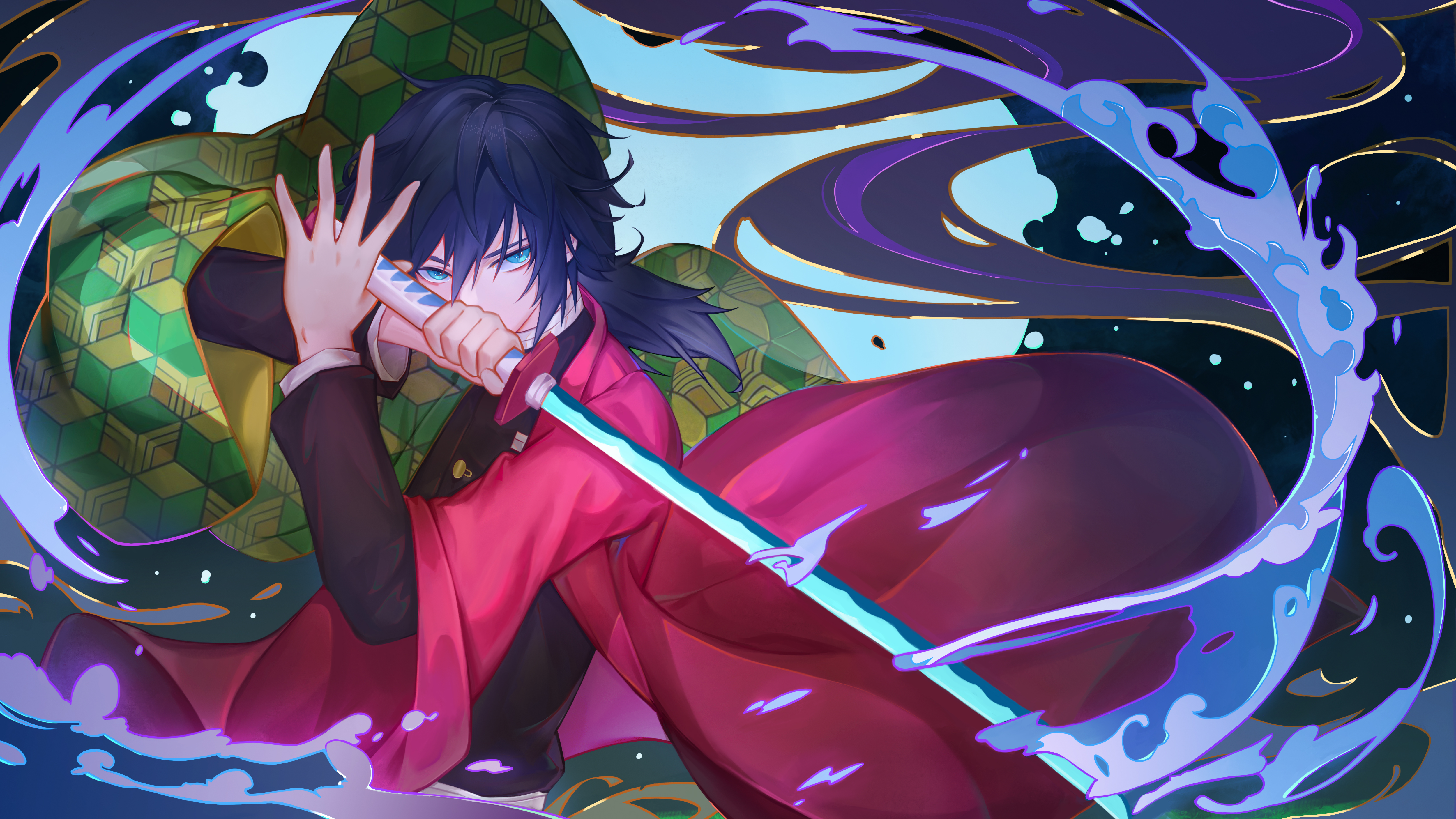 jiushijiu, tomioka giyuu, kimetsu no yaiba, absurdres, commentary request, highres, 1boy, black hair, black jacket, blue eyes, buttons, demon slayer uniform, empty eyes, gold buttons, hair between eyes, haori, high collar, holding, holding sword, holding weapon, jacket, japanese clothes, katana, kikkoumon, long hair, looking at viewer, low ponytail, male focus, ponytail, print haori, red haori, solo, spiked hair, sword, upper body, water, weapon