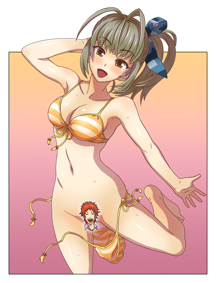 mimonel, avan hardins, licorice nelson, senjou no valkyria, senjou no valkyria (series), senjou no valkyria 2, untied, bad id, bad pixiv id, 00s, 1girl, :d, antenna hair, arm behind head, arm up, armpits, bare legs, bare shoulders, barefoot, bikini, blue ribbon, blush, body blush, bottomless, breasts, brown eyes, brown hair, cameo, censored, character censor, cleavage, collarbone, feet, female focus, front-tie top, gradient background, grey hair, groin, hair ribbon, halterneck, happy, hip focus, leg up, legs, long hair, looking at viewer, navel, novelty censor, open hand, open mouth, orange bikini, outstretched arm, ponytail, ribbon, shiny skin, side-tie bikini bottom, smile, solo, standing, standing on one leg, stomach, striped bikini, striped clothes, sweat, swimsuit, thighs, unworn bikini bottom, wardrobe malfunction, white background