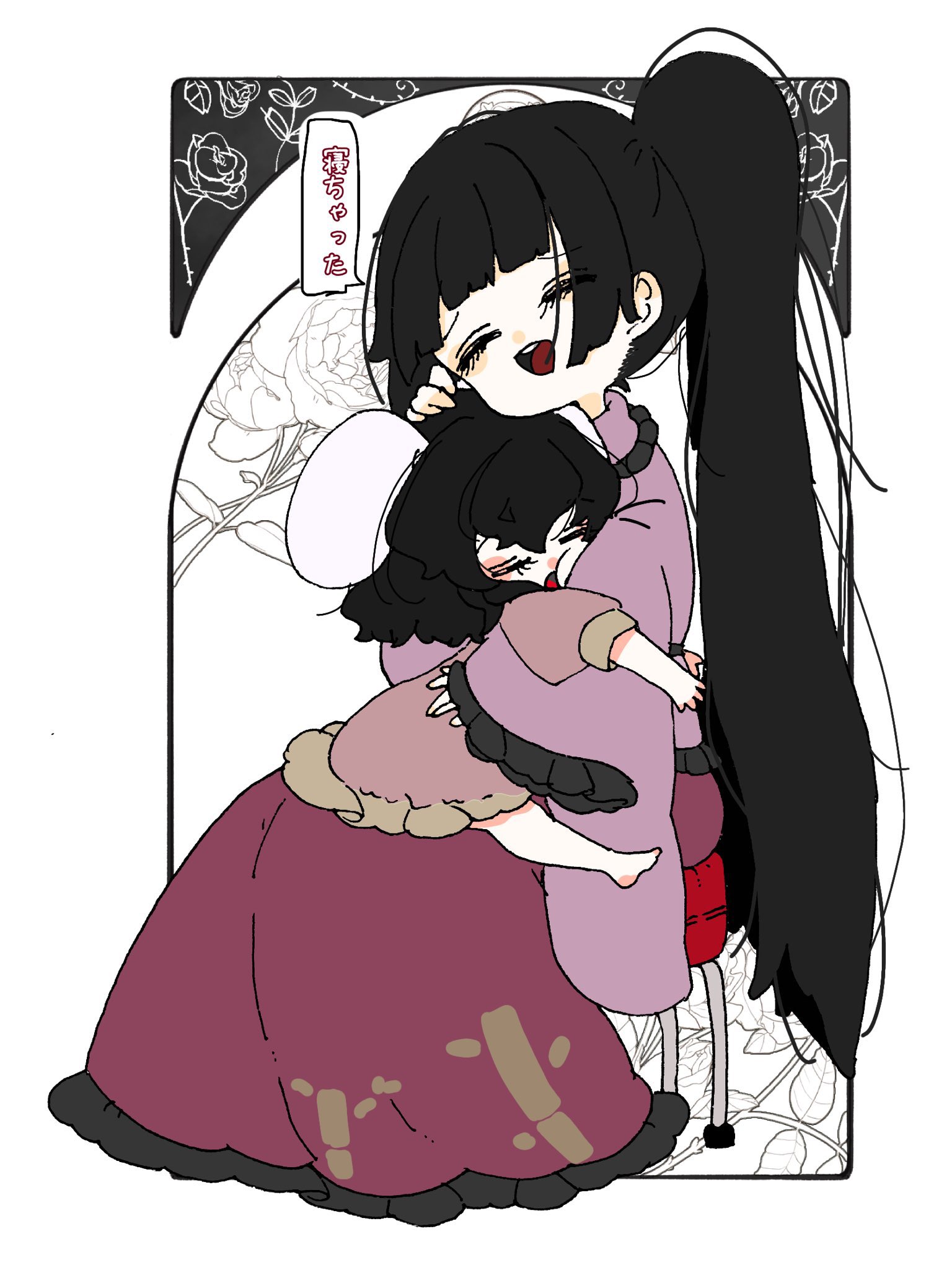 chantarou, houraisan kaguya, inaba tewi, touhou, commentary, highres, translation request, 2girls, animal ears, bamboo print, black hair, blunt bangs, chair, cheek press, closed eyes, collared shirt, dress, facing viewer, floral print, frilled shirt collar, frilled skirt, frills, full body, hand on another's head, hug, long hair, long skirt, looking to the side, loose hair strand, medium hair, multiple girls, open mouth, ponytail, purple dress, purple shirt, rabbit ears, rabbit girl, rose print, shirt, sidelocks, sitting, skirt, sleeping, sleeping on person, sleeping upright, smile, speech bubble, very long hair, wide sleeves