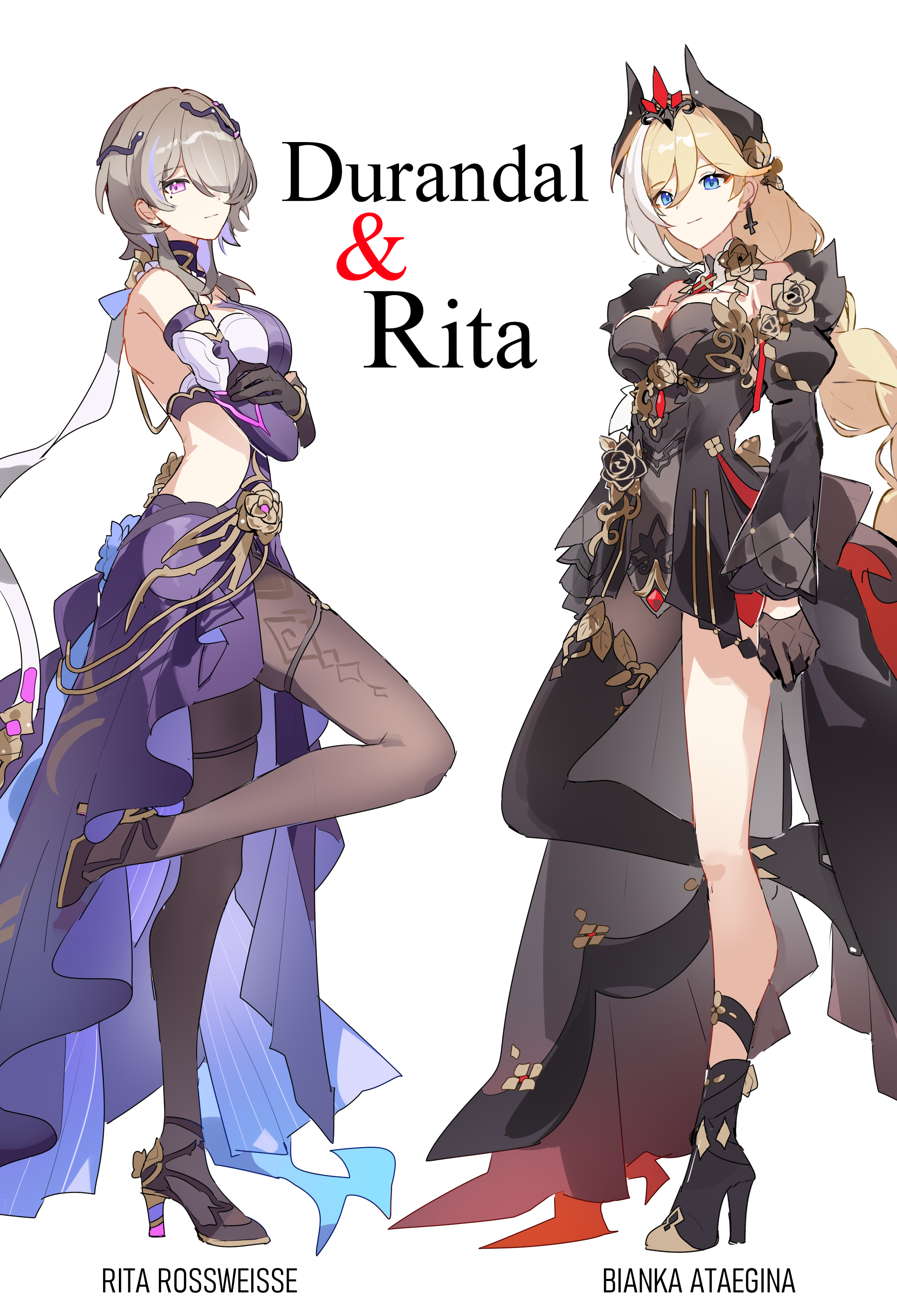 grape (grapedraws), durandal (honkai impact), durandal (nibelungen traumlied) (honkai impact), rita rossweisse, rita rossweisse (miss espionage), honkai (series), honkai impact 3rd, mr. and mrs. smith, absurdres, commentary request, derivative work, highres, mixed-language commentary, second-party source, 2girls, bare shoulders, black gloves, black hair, black pantyhose, black shoes, blue eyes, breasts, character name, cleavage, closed mouth, detached sleeves, english text, full body, gloves, grey hair, hair over one eye, high heels, large breasts, long hair, long sleeves, mole, mole under eye, multicolored hair, multiple girls, official alternate costume, pantyhose, poster redraw, purple eyes, shoes, short hair, simple background, single leg pantyhose, smile, standing, very long hair, white background, white hair