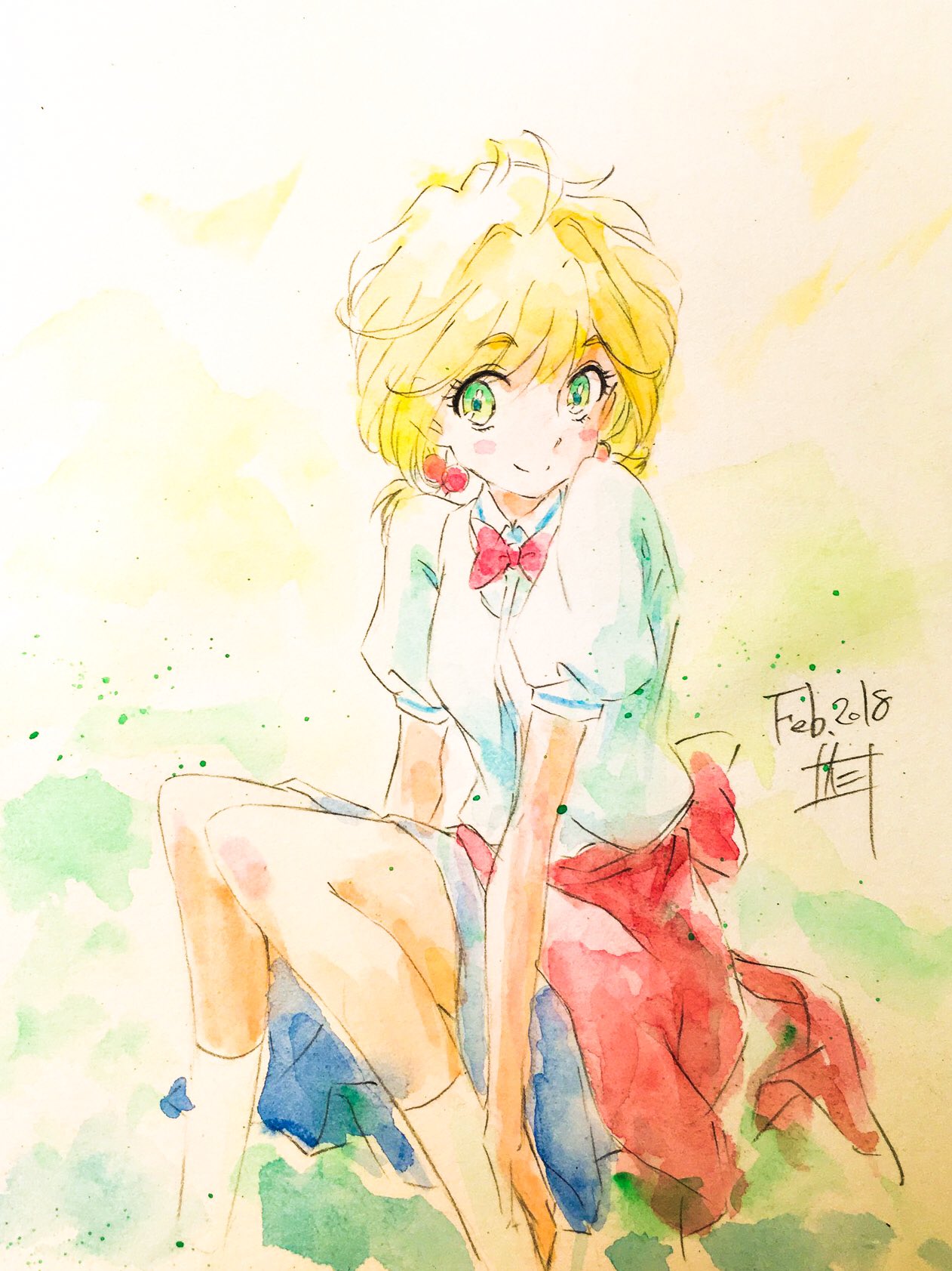 nii manabu, koi wa ameagari no you ni, commentary request, highres, painting (medium), traditional media, watercolor (medium), 1girl, blonde hair, bow, bowtie, closed mouth, earrings, feet out of frame, green eyes, jewelry, looking at viewer, nishida yui, red bow, red bowtie, shirt, short hair, short sleeves, sitting, smile, socks, solo, white shirt, white socks