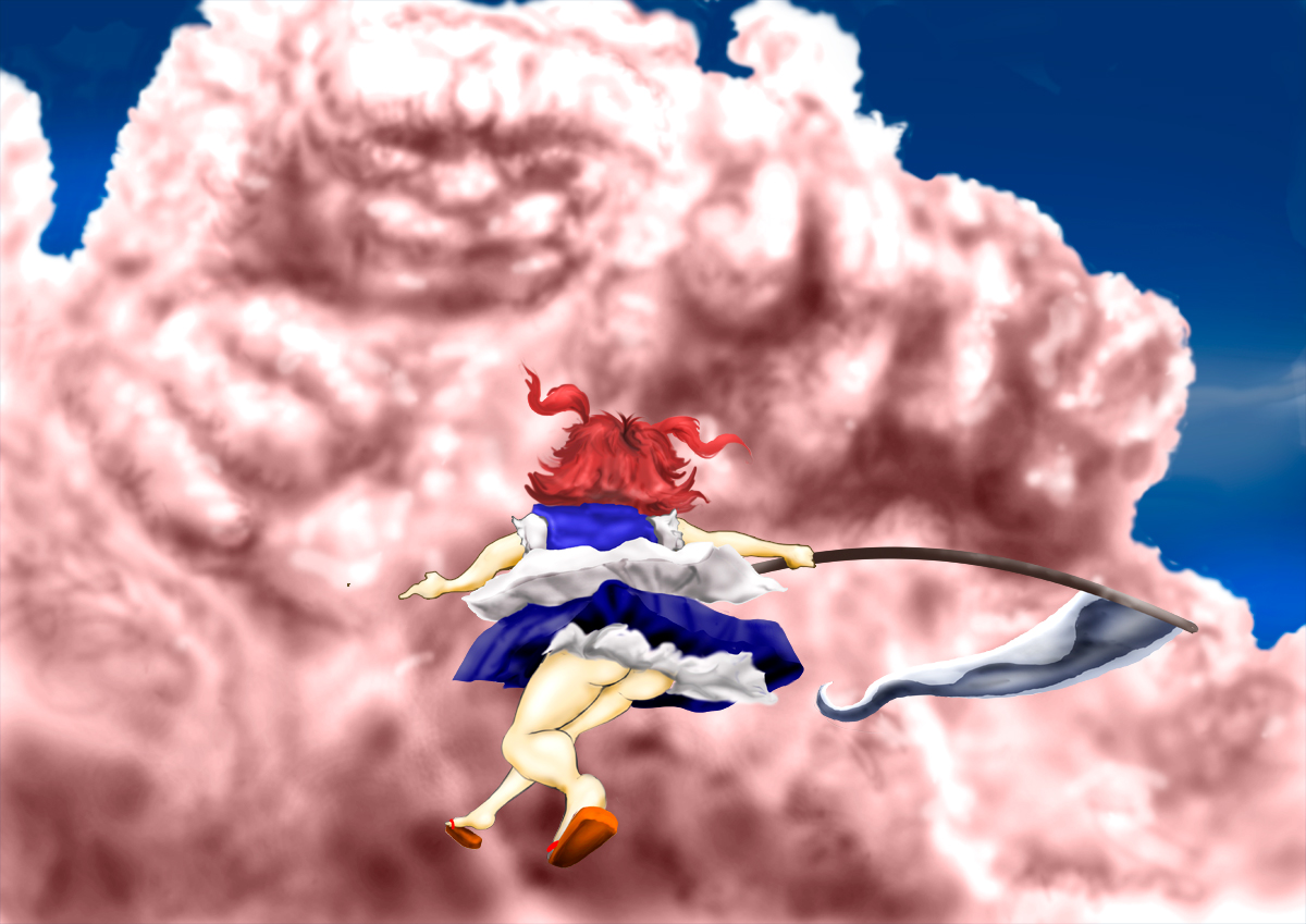 kams, onozuka komachi, unzan, touhou, commentary request, 1boy, 1girl, ass, cloud, from behind, holding, holding scythe, no panties, okobo, platform sandals, red hair, sandals, scythe, short hair, twintails