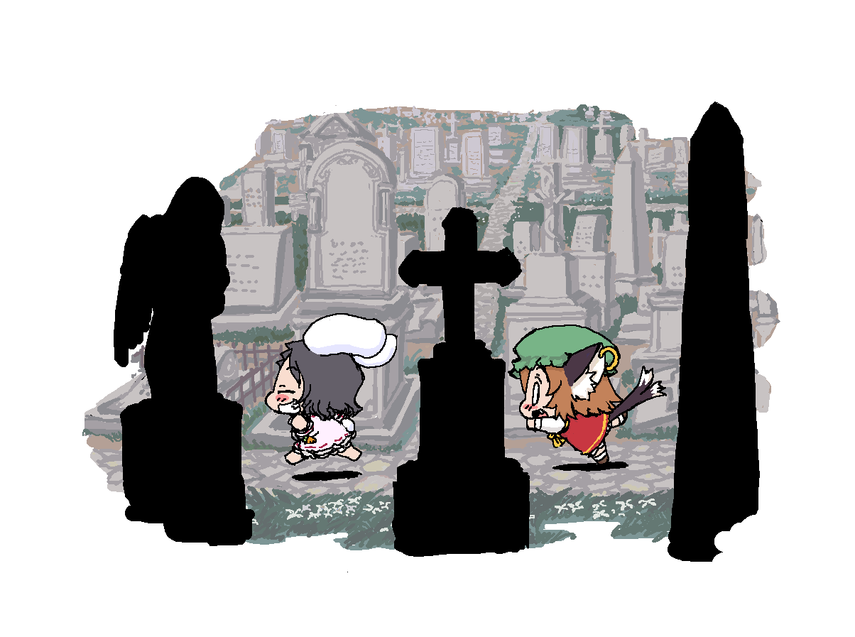 baku taso, chen, inaba tewi, touhou, 2girls, animal ears, black hair, blush, brown hair, cat ears, cat girl, cat tail, chibi, dress, earrings, female focus, flower, graveyard, grin, hat, jewelry, multiple girls, multiple tails, nature, o o, outdoors, plant, rabbit ears, rabbit tail, running, short hair, smile, tail, tombstone