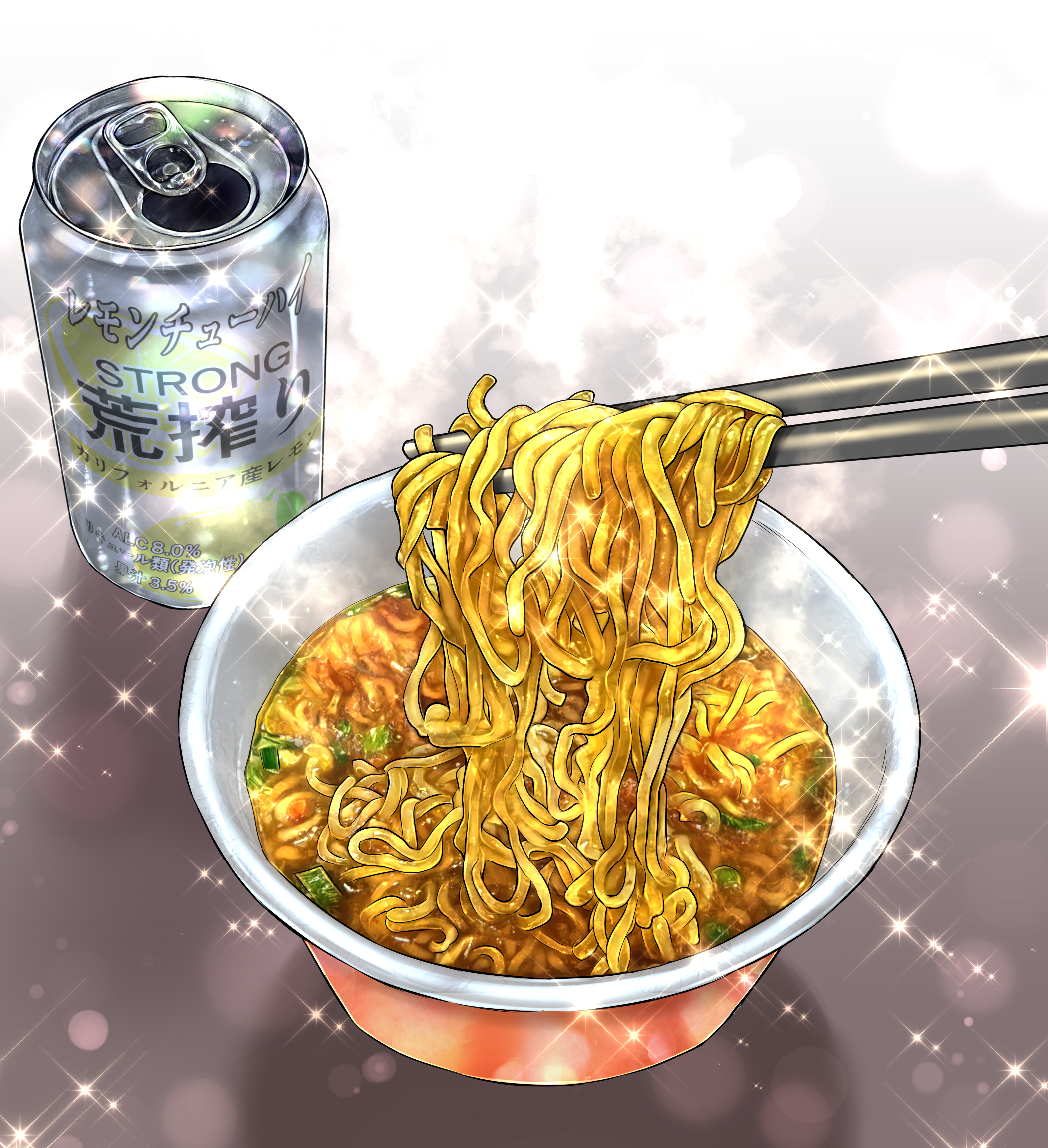 original, commentary request, highres, beer can, can, chopsticks, drink can, food, food focus, instant cup noodles, instant noodles, kurumiri ryo, no humans, noodles, ramen