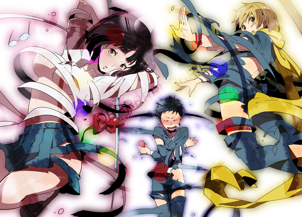 ebi103, shuri (84k), kida masaomi, ryuugamine mikado, sonohara anri, durarara!!, 1girl, 2boys, black hair, blonde hair, blue eyes, bob cut, bow, bowtie, breasts, cellphone, dissolving clothes, glasses, large breasts, multiple boys, phone, pleated skirt, red eyes, scarf, school uniform, short hair, skirt, yellow eyes