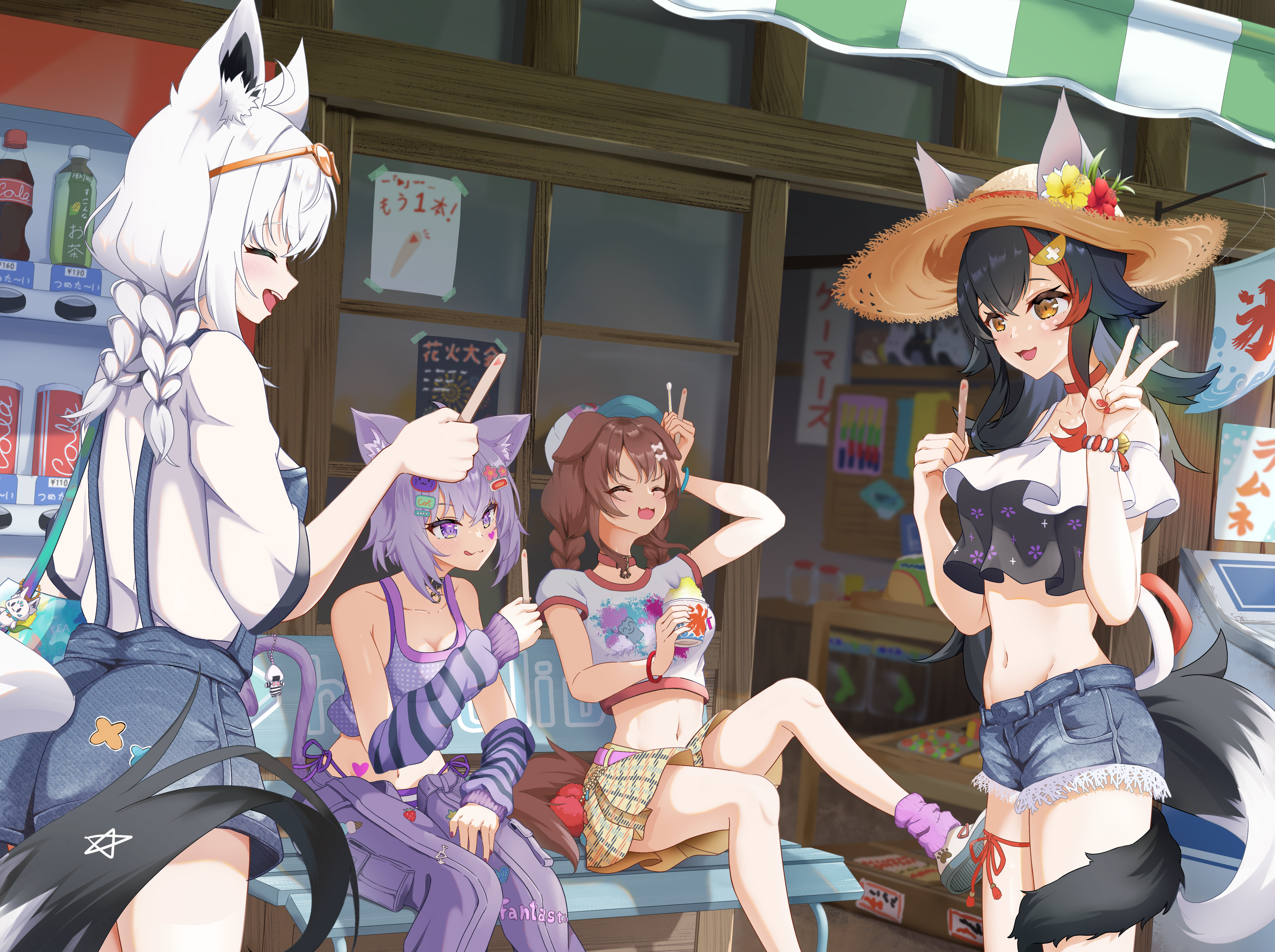 hiragi moka, inugami korone, inugami korone (holonatsu paradise), nekomata okayu, nekomata okayu (holonatsu paradise), ookami mio, ookami mio (holonatsu paradise), shirakami fubuki, shirakami fubuki (holonatsu paradise), hololive, holonatsu paradise, absurdres, commentary request, highres, 4girls, ahoge, animal ears, arm warmers, bare shoulders, belt, blush, braid, breasts, brown hair, cat ears, cat girl, cat tail, choker, cleavage, closed eyes, collarbone, denim, denim shorts, dog ears, dog girl, dog tail, fingernails, fox ears, fox girl, fox tail, hat, holding, long hair, medium breasts, medium hair, multiple girls, nail polish, navel, official alternate costume, open mouth, pants, pentagram, pink belt, plaid clothes, plaid skirt, purple arm warmers, purple eyes, purple hair, purple pants, red choker, red hair, red nails, shirt, short hair, shorts, skirt, sleeveless, sleeveless shirt, smile, stomach, straw hat, tail, tongue, tongue out, twin braids, v, virtual youtuber, white hair, white shirt, wolf ears, wolf girl, wolf tail