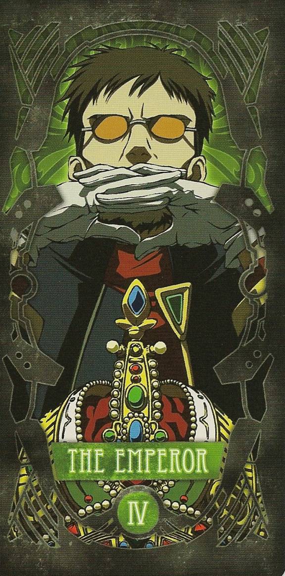 ikari gendou, neon genesis evangelion, gleam, scan, scan artifacts, 1girl, beard, black hair, card (medium), crown, facial hair, female focus, gendou pose, glasses, gloves, hands clasped, jewelry, male focus, opaque glasses, own hands clasped, own hands together, solo, tarot, tarot (medium), the emperor (tarot)