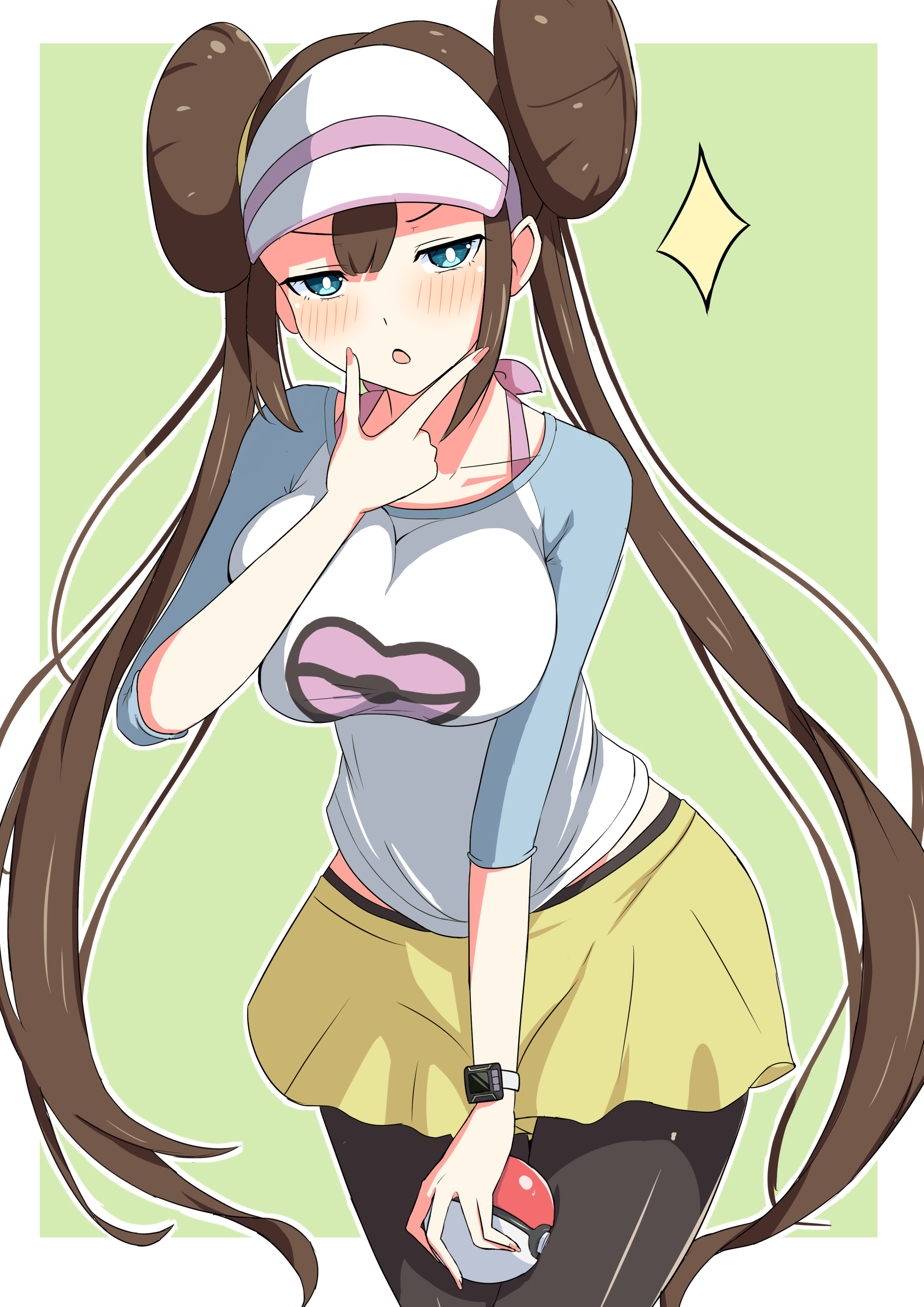 tenppp, rosa (pokemon), nintendo, pokemon, pokemon bw2, absurdres, commentary request, highres, 1girl, :o, black pantyhose, blue eyes, border, breast press, breasts, brown hair, cowboy shot, double bun, fingernails, green background, hair bun, holding, holding poke ball, large breasts, looking at viewer, pantyhose, poke ball, raglan sleeves, shirt, simple background, skirt, solo, twintails, visor cap, white border, yellow skirt