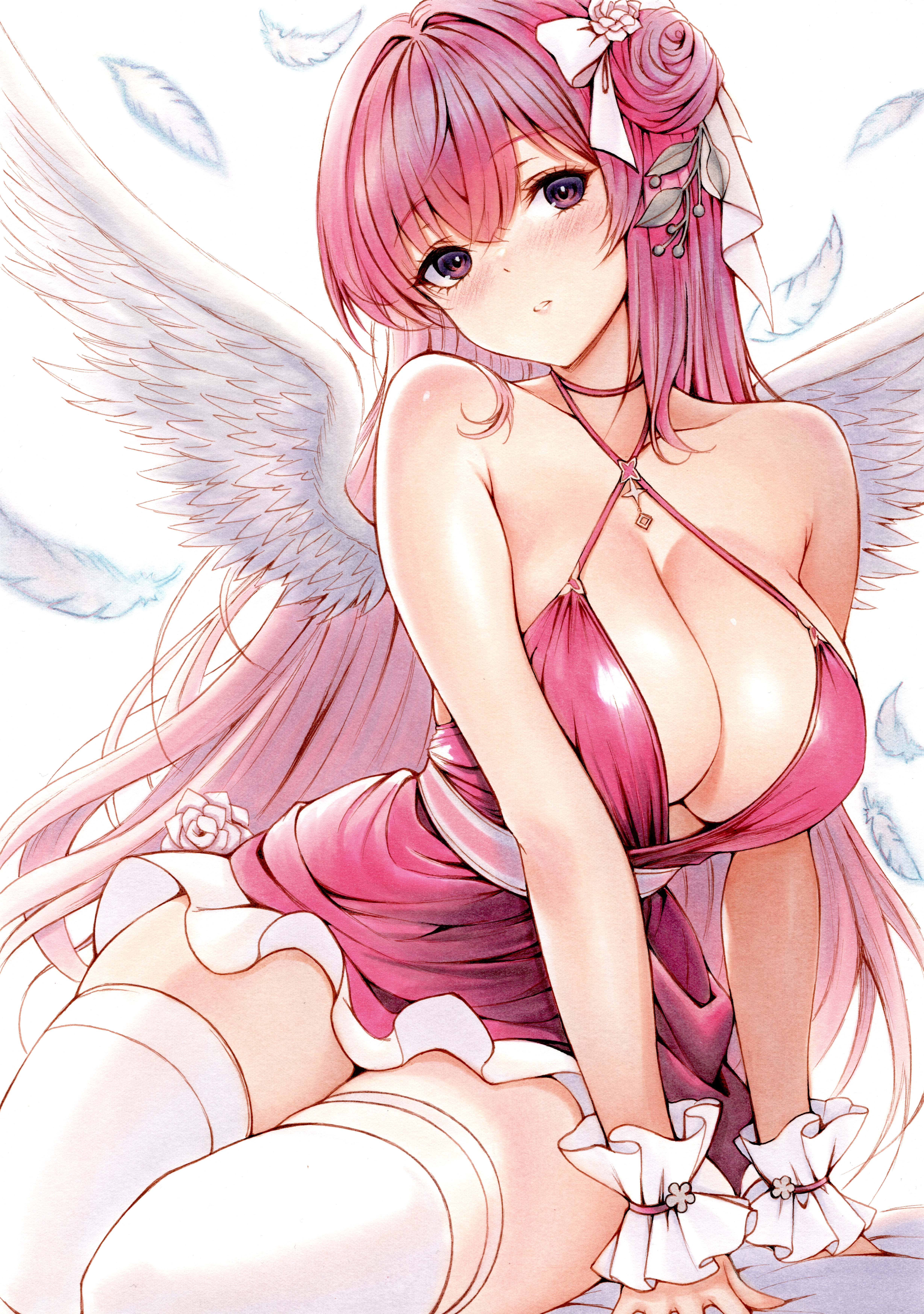 yosaku vs hina, dorothy (nikke), dorothy (nostalgia) (nikke), goddess of victory: nikke, absurdres, commentary request, highres, 1girl, angel wings, breasts, cleavage, dress, falling feathers, feathers, hair bun, large breasts, long hair, looking at viewer, official alternate costume, pink dress, pink hair, purple eyes, simple background, single side bun, solo, thighhighs, thighs, very long hair, white background, white thighhighs, white wings, wings, wrist cuffs
