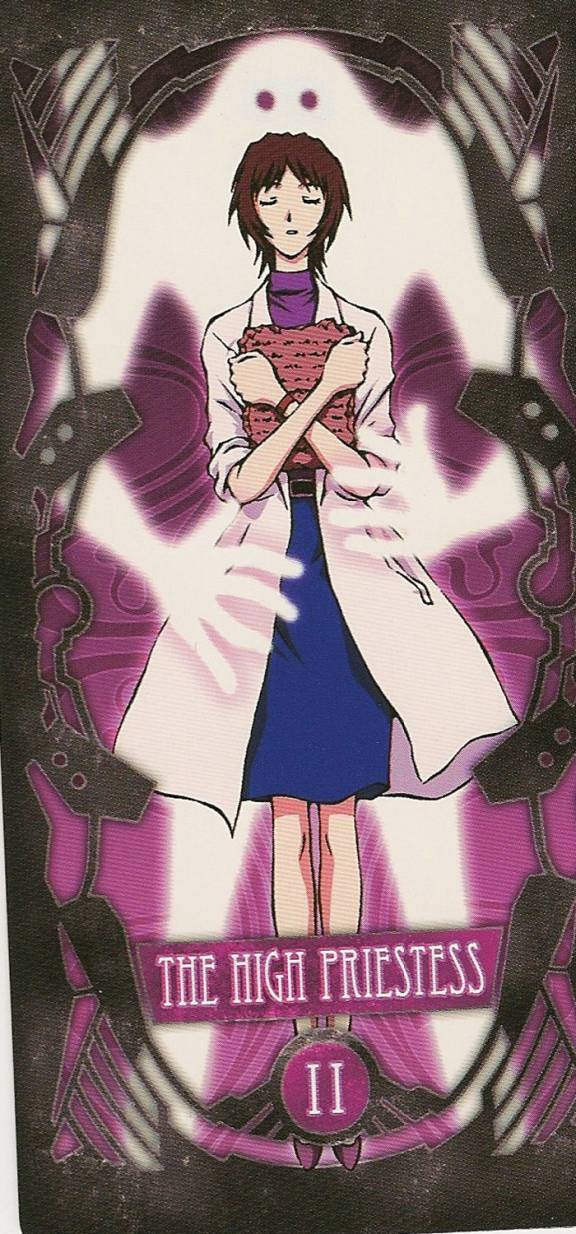 adam (evangelion), angel (evangelion), ikari yui, neon genesis evangelion, highres, scan, scan artifacts, 1girl, brown hair, card (medium), lab coat, mature female, short hair, tarot, tarot (medium), the high priestess (tarot)