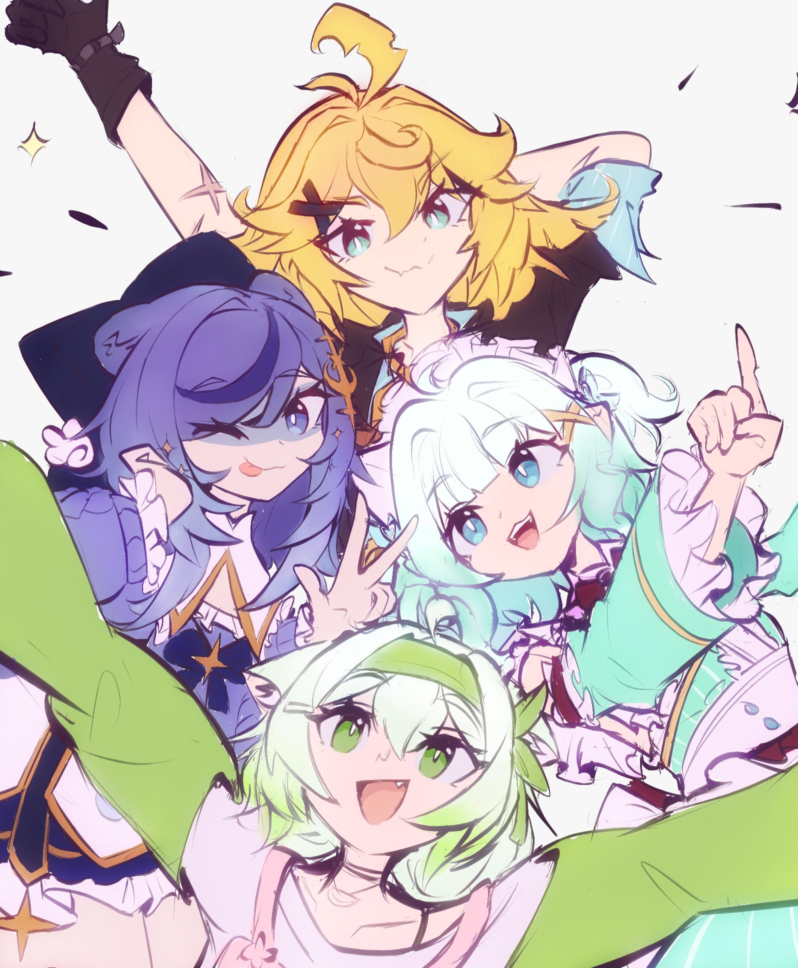 dokibird, dokibird (bounty hunter), laimu (cozy) (vtuber), laimu (vtuber), mint fantome, mint fantome (minto 2.0), snuffy (vtuber), 3am, densetsu.exe, indie virtual youtuber, commentary, english commentary, highres, 4girls, animal ears, aqua hair, aqua sleeves, black gloves, blue hair, blue streaks, detached sleeves, gloves, hair ornament, long hair, looking at viewer, medium hair, multicolored hair, multiple girls, one eye closed, raccoon ears, raccoon girl, streaked hair, troubleshooter bun, x hair ornament