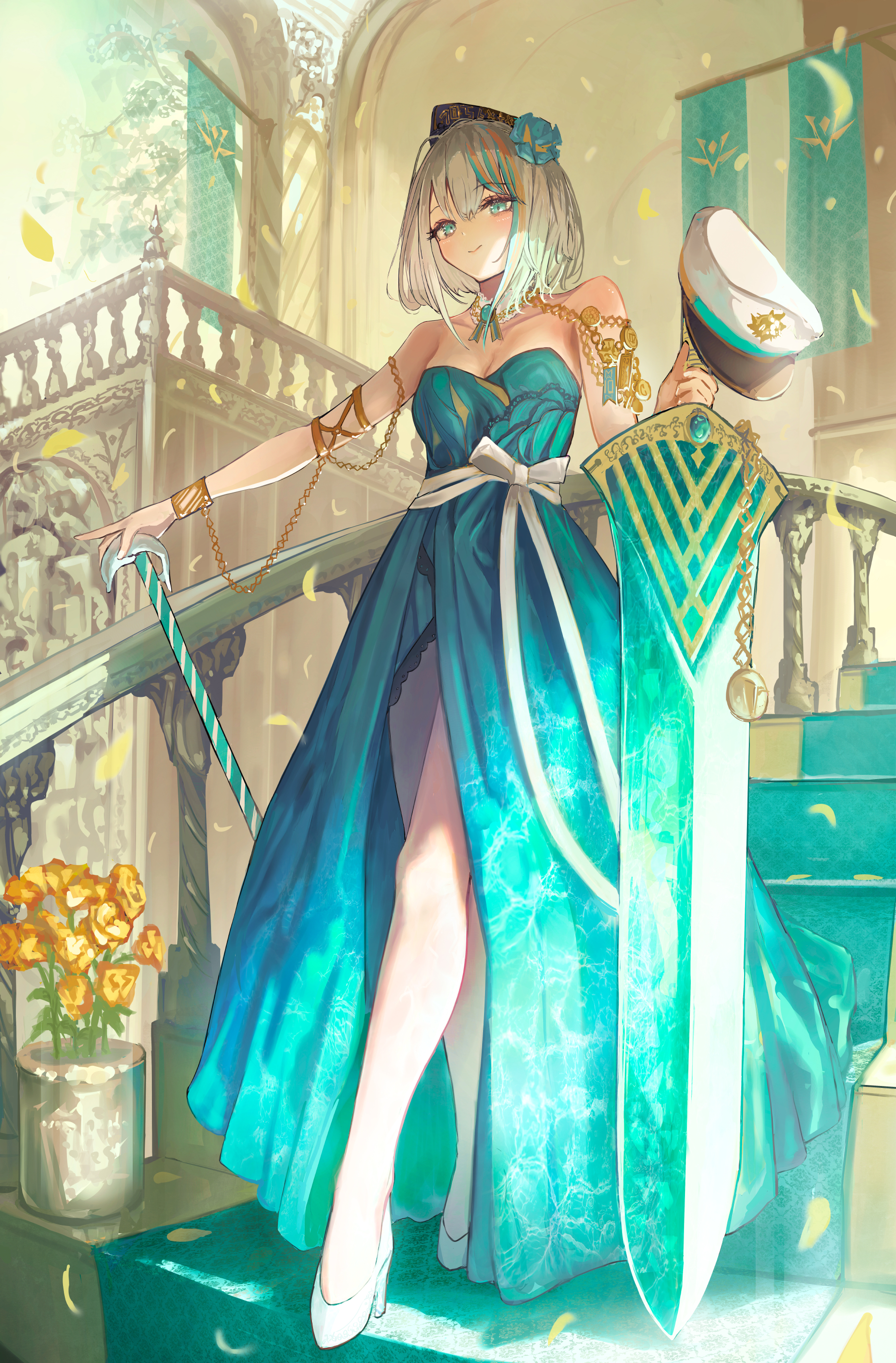 kirei natuki, blue gem, gold armlet, absurdres, commentary request, highres, 1girl, aqua dress, aqua eyes, aqua hair, arch, armlet, banner, bare legs, bare shoulders, blue flower, bob cut, bow, bracer, breasts, brooch, cane, carpet, caustics, chain, choker, cleavage, closed mouth, dress, evening gown, falling petals, flower, front slit, full body, gem, greatsword, grey hair, hair between eyes, hair flower, hair ornament, hat, high heels, holding, holding cane, holding sword, holding unworn clothes, holding unworn hat, holding weapon, indoors, jewelry, lace, lace choker, long dress, looking at viewer, medal, medium breasts, multicolored hair, on stairs, orange hair, outstretched arm, peaked cap, petals, plant, planted, planted sword, planted weapon, potted plant, project:yuires, railing, ratio yuires, ribbon, shoes, short hair, shoulder necklace, sidelocks, sideways glance, smile, solo, standing, strapless, strapless dress, streaked hair, sunlight, sword, tiara, unworn hat, unworn headwear, virtual youtuber, waist bow, waist ribbon, weapon, white choker, white hat, white ribbon, white shoes, yellow flower, yellow petals