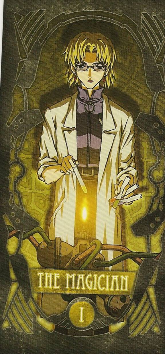 akagi ritsuko, neon genesis evangelion, highres, scan, scan artifacts, 1girl, blonde hair, card (medium), earrings, female focus, jewelry, lab coat, mole, mole under eye, pantyhose, short hair, solo, tarot, tarot (medium), test tube, the magician (tarot)