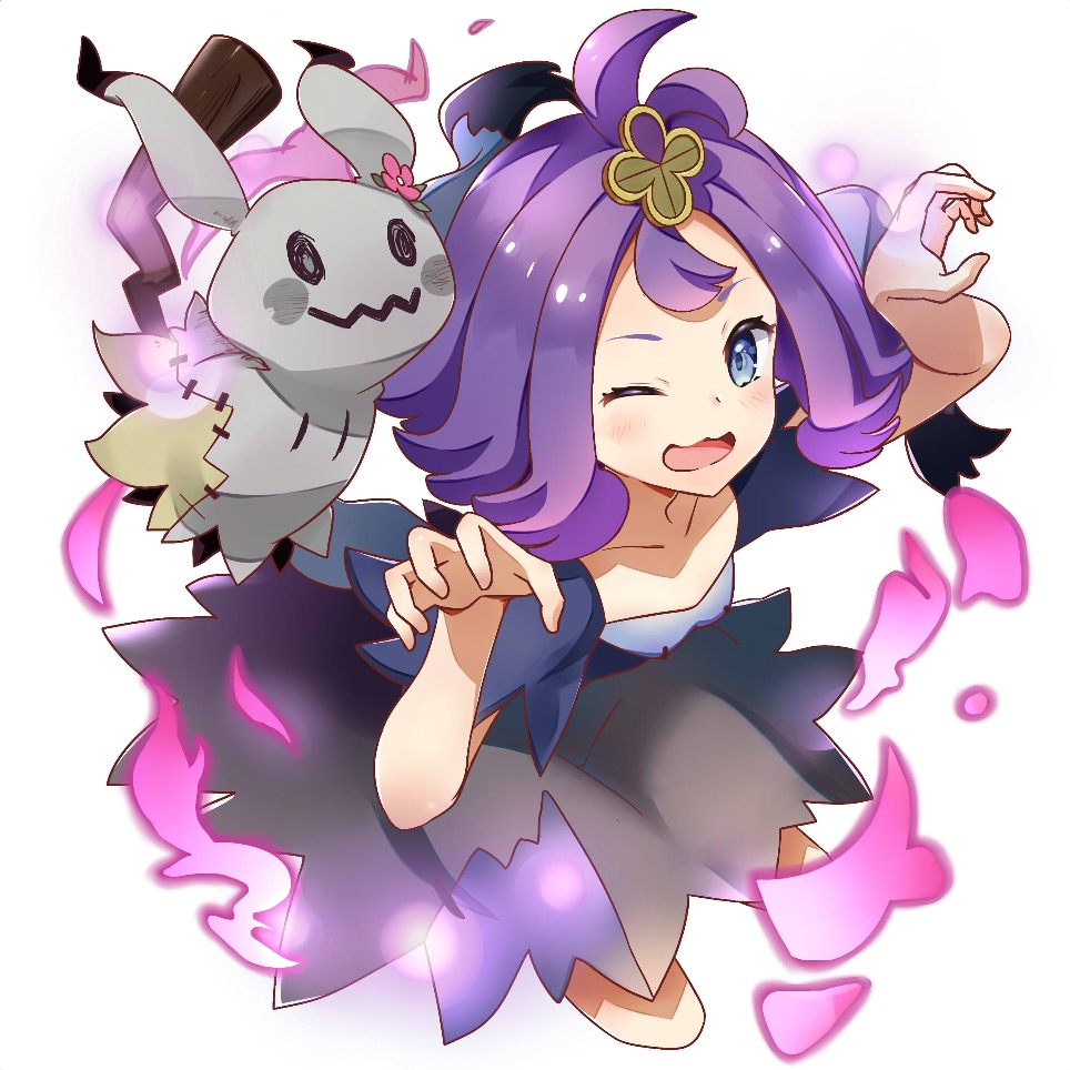 acerola (pokemon), mimikyu, nintendo, pokemon, pokemon sm, commentary request, 1girl, ;d, blue eyes, claw pose, dress, gen 7 pokemon, hair ornament, horyo1809, looking at viewer, one eye closed, open mouth, pokemon (creature), purple hair, short sleeves, simple background, smile, stitches, topknot