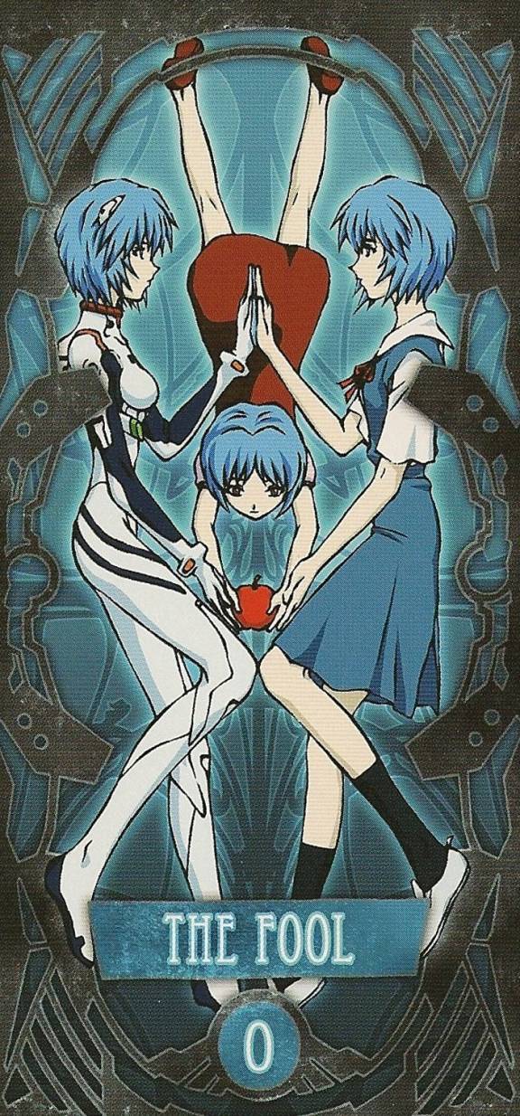 ayanami rei, neon genesis evangelion, highres, scan, scan artifacts, 3girls, aged down, apple, black eyes, blue hair, blue theme, card (medium), child, clone, dress, eye contact, female focus, food, fruit, holding hands, looking at another, mecha pilot suit, multiple girls, multiple persona, plugsuit (evangelion), red eyes, school uniform, shoes, short hair, socks, tarot, tarot (medium), the fool (tarot), time paradox, upside-down