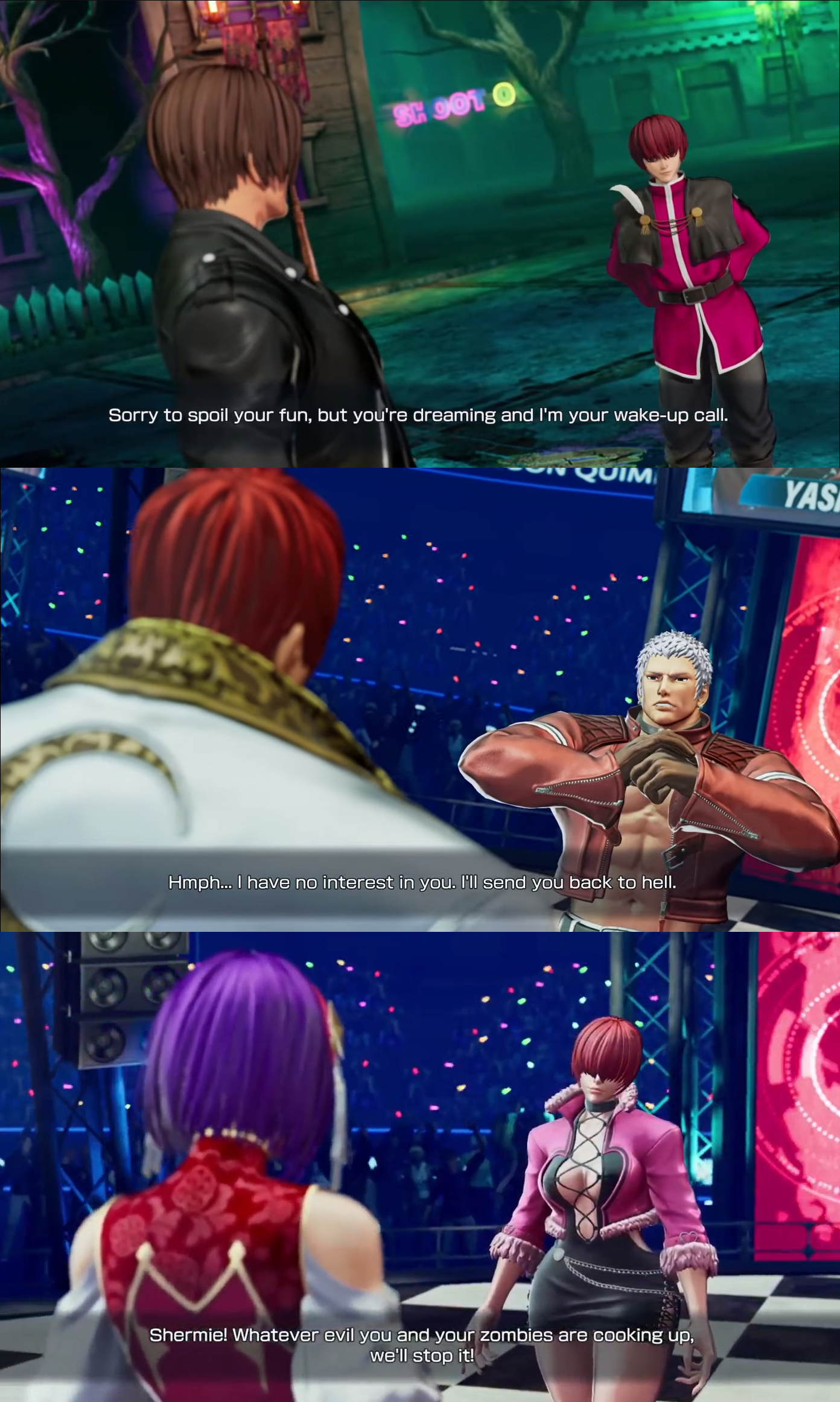 asamiya athena, chris (kof), kusanagi kyou, shermie (kof), yagami iori, snk, the king of fighters, the king of fighters xv, 2girls, 4boys, brown hair, dialogue box, multiple boys, multiple girls, purple hair, red hair, rivalry, white hair, yashiro nanakase