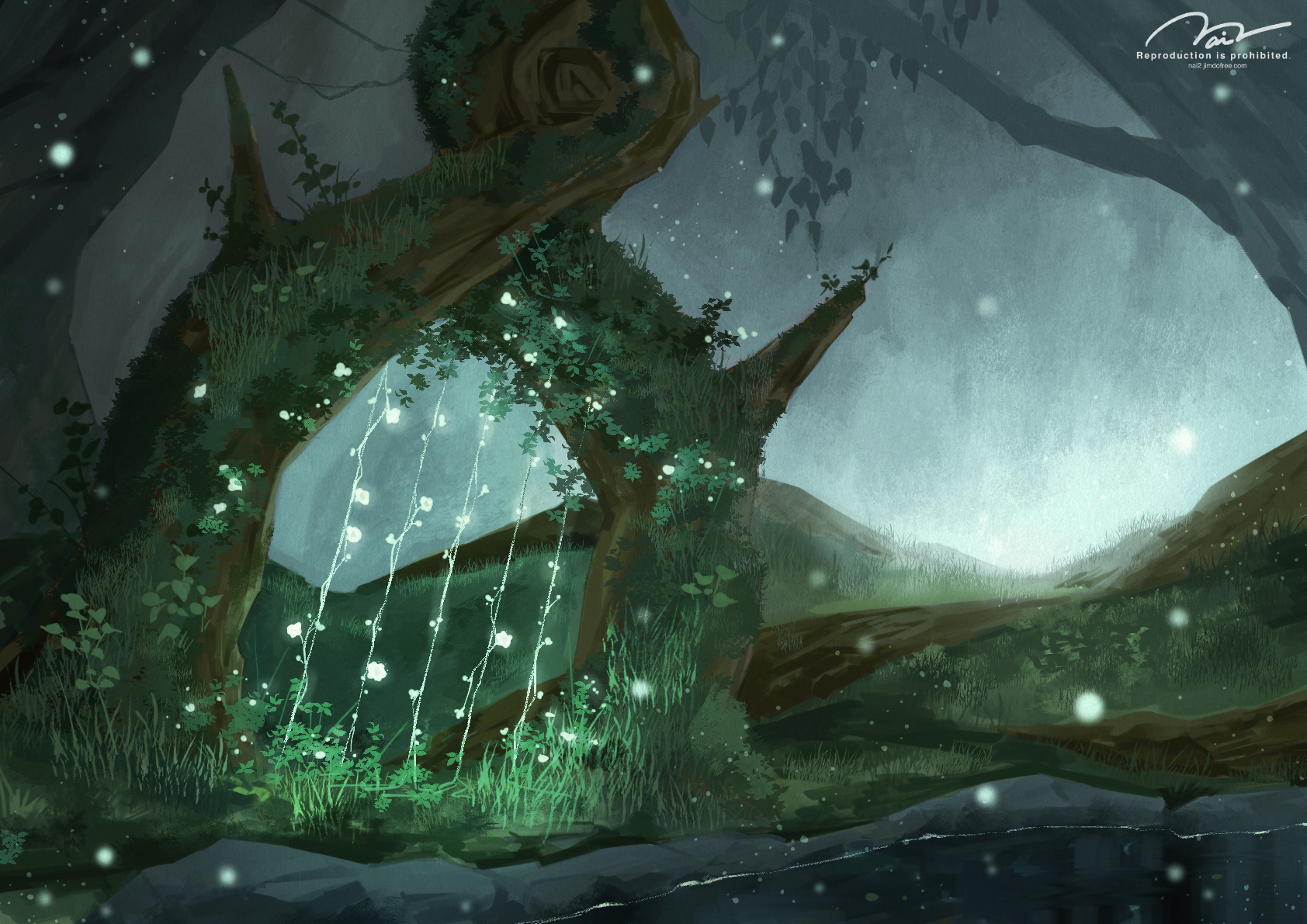 p9 nai, original, commentary request, highres, fireflies, flower, forest, grass, instrument, lyre, moss, nature, night, no humans, oversized object, river, scenery, signature, tree, white flower