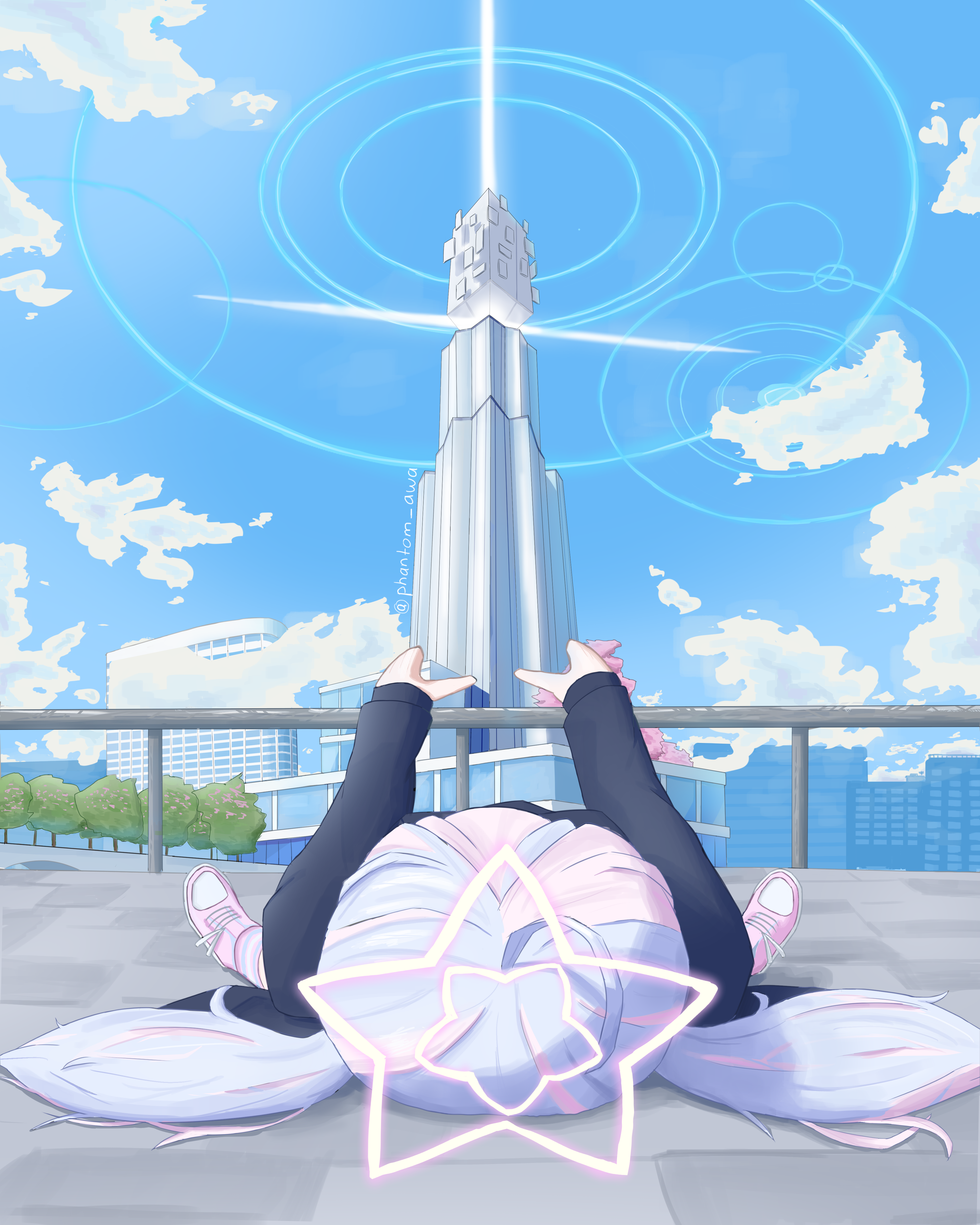 reisa (blue archive), blue archive, absurdres, commentary, english commentary, highres, photo-referenced, 1girl, ahoge, artist name, blue hair, blue sky, building, cityscape, cloud, halo, lying, multicolored hair, on back, on floor, outdoors, outstretched arms, phallic symbol, phantom.awa, pink hair, pink halo, pink shoes, railing, reisa at the washington monument, ring of light (blue archive), sexually suggestive, shoes, sky, skyscraper, solo, star halo, tower, tree, twintails, twitter username, two-tone hair
