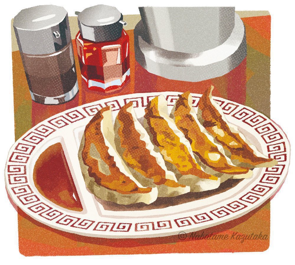 nabatame kazutaka, original, commentary, english commentary, artist name, dumpling, food, food focus, jiaozi, no humans, plate, soy sauce, still life, table