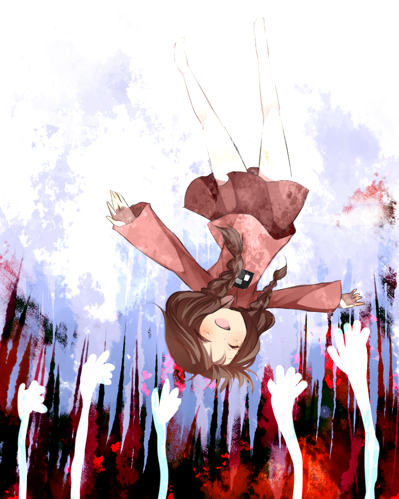 mikan (ama no hakoniwa), madotsuki, yume nikki, spoilers, 1girl, aged down, blouse, blush, braid, brown hair, dying, falling, female focus, pink shirt, purple skirt, shirt, skirt, smile, solo, suicide, surreal, twin braids, upside-down