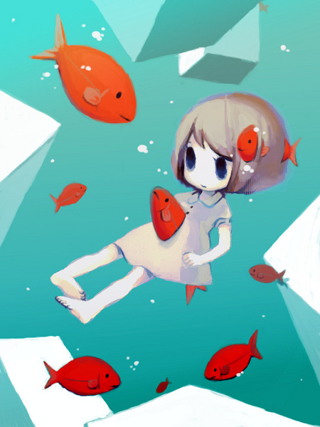 1girl, aged down, barefoot, bubble, cube, dress, female focus, fish, ghost, goldfish, gradient background, short hair, solo, underwater