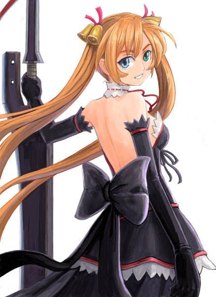 ikara, kagurazaka asuna, mahou sensei negima!, 1girl, artistic error, bell, elbow gloves, female focus, gloves, hair bell, hair ornament, heterochromia, long hair, looking back, orange hair, solo, sword, twintails, weapon