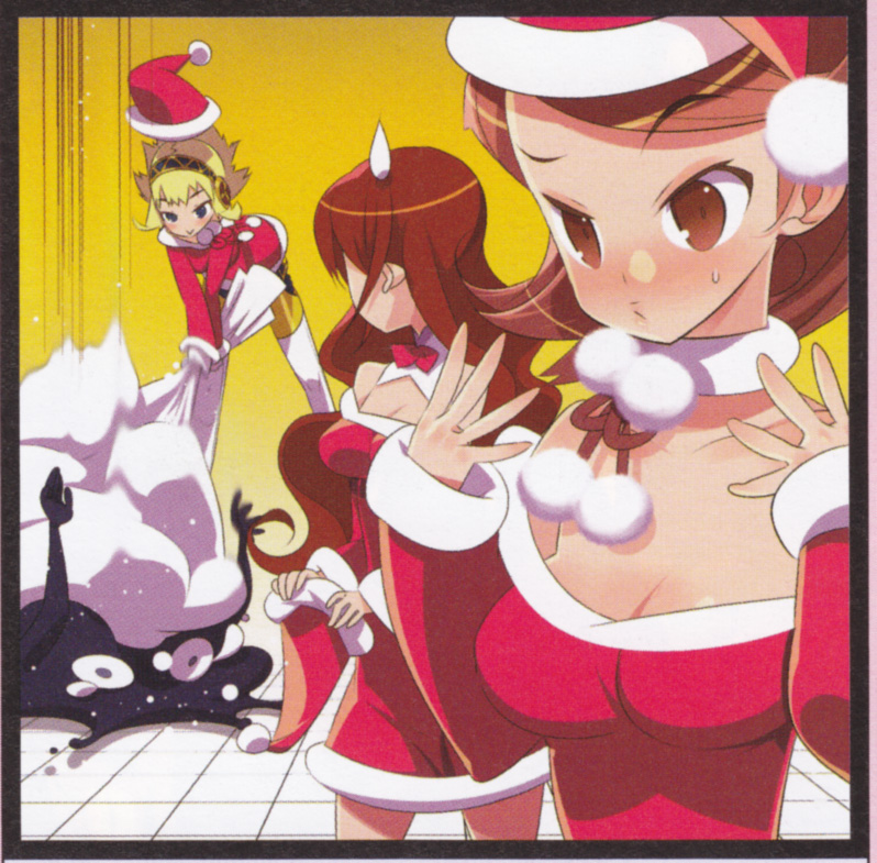 tensugi takashi, aigis (persona), kirijou mitsuru, shiomi kotone, takeba yukari, atlus, persona, persona 3, scan, 3girls, android, blonde hair, breasts, brown hair, christmas, hat, multiple girls, red hair, santa costume, santa hat, short hair