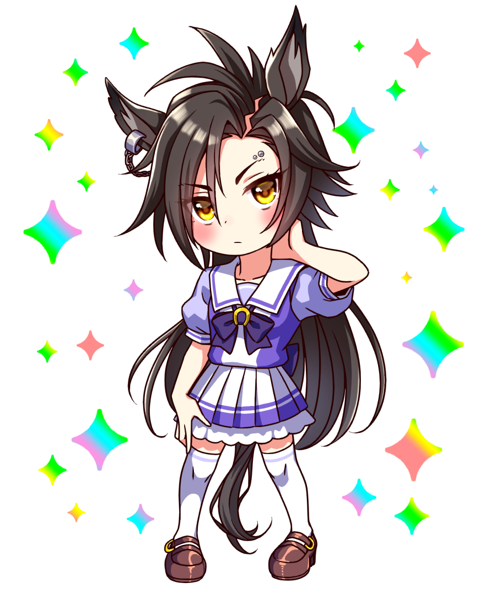 sugimotty nova, air shakur (umamusume), umamusume, commentary request, highres, 1girl, animal ears, black hair, blush, bow, bowtie, breasts, chibi, chibi only, closed mouth, collarbone, eyebrow piercing, face piercing, full body, horse ears, horse girl, horse tail, long hair, looking at viewer, piercing, pleated skirt, puffy short sleeves, puffy sleeves, purple bow, purple bowtie, purple shirt, sailor collar, sailor shirt, school uniform, shirt, shoes, short sleeves, skirt, small breasts, solo, tail, thighhighs, tracen school uniform, white sailor collar, white skirt, white thighhighs, yellow eyes, zettai ryouiki