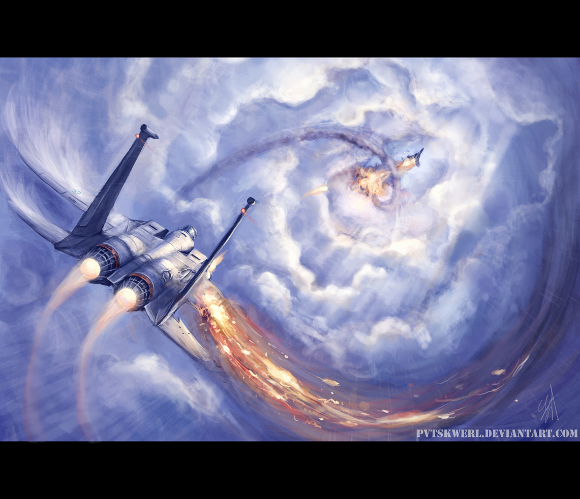 pvtskwerl, solowing pixy, f-15, fighter, larry foulke, ace combat, ace combat zero, aerial battle, afterburner, aircraft, airplane, battle, cloud, damaged, explosion, f-15 eagle, fighter jet, fire, letterboxed, military, military vehicle, no humans, single wing, vehicle focus, wings