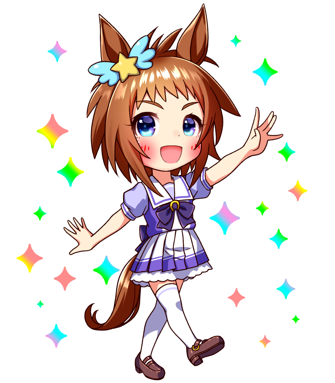 sugimotty nova, biko pegasus (umamusume), umamusume, commentary request, highres, 1girl, animal ears, blue eyes, blush, bow, bowtie, brown hair, chibi, chibi only, ear ornament, full body, hair ornament, horse ears, horse girl, horse tail, looking at viewer, open mouth, pleated skirt, puffy short sleeves, puffy sleeves, purple bow, purple bowtie, purple shirt, sailor collar, sailor shirt, school uniform, shirt, shoes, short hair, short sleeves, skirt, smile, solo, tail, thighhighs, tracen school uniform, white sailor collar, white skirt, white thighhighs, wing ornament, zettai ryouiki