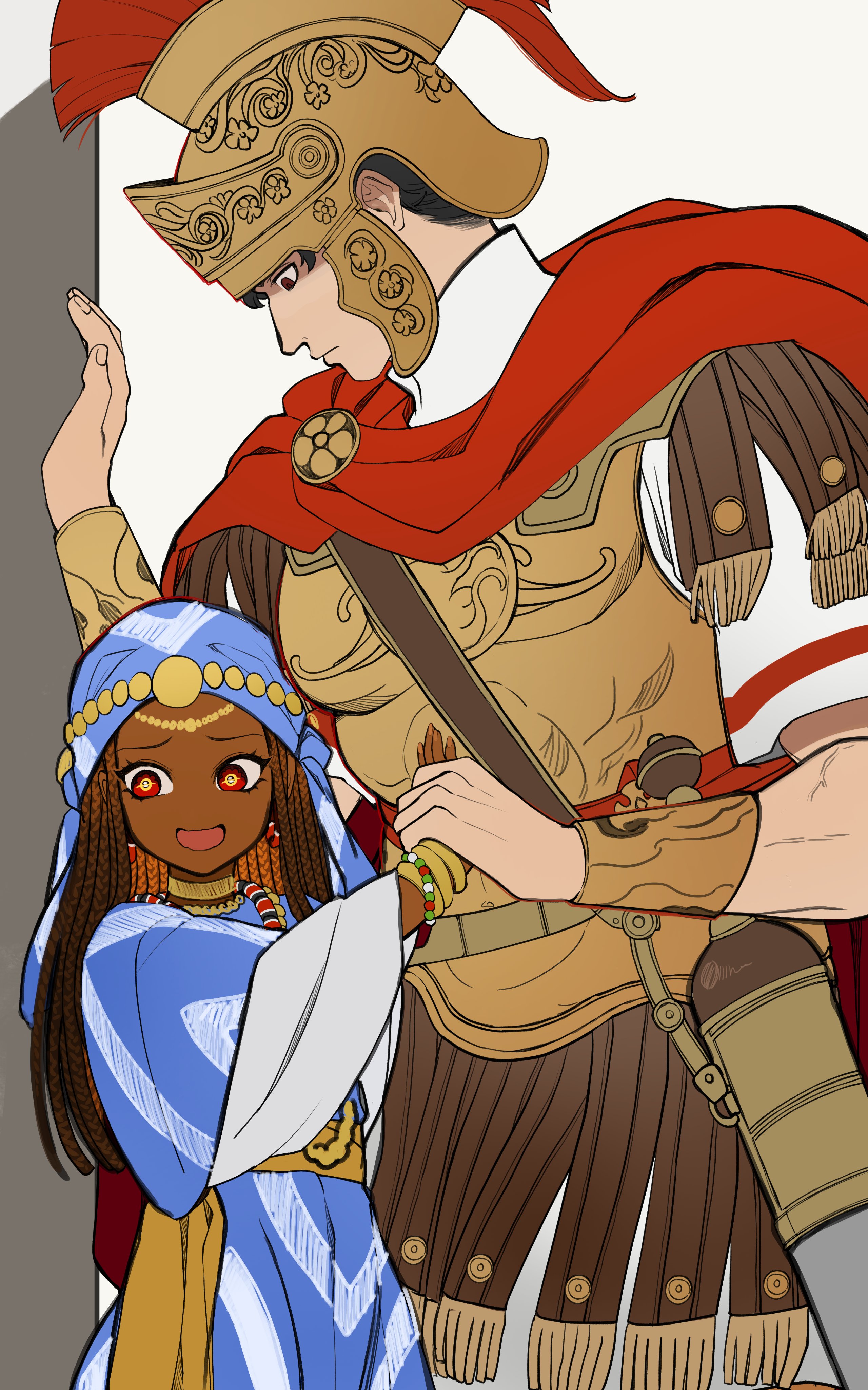 eternalgrayores, kyou (iuciferic), gilgamesh (kyou), original, absurdres, commentary, english commentary, highres, 1boy, 1girl, black hair, blue veil, brown hair, cape, dark-skinned female, dark skin, galea helmet, grabbing another's hand, hand size difference, height difference, helmet, hetero, jewelry, leo (kyou), long hair, looking to the side, muscle cuirass, muscular, muscular male, red eyes, roman empire, veil