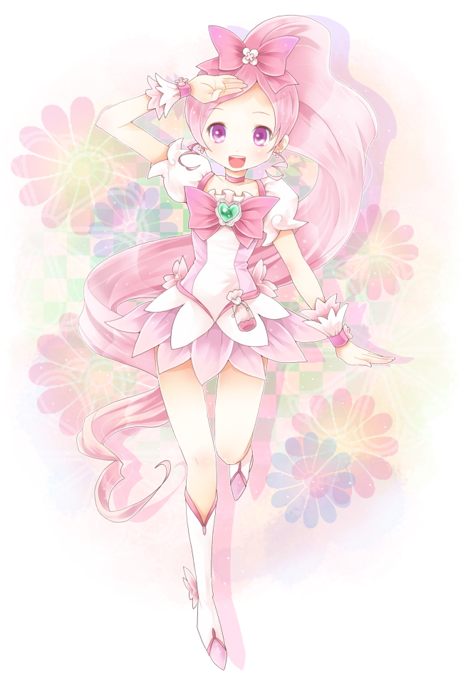 michii yuuki, cure blossom, hanasaki tsubomi, heartcatch precure!, precure, bad id, bad pixiv id, 10s, 1girl, boots, brooch, female focus, hair ornament, heart, heart brooch, high ponytail, jewelry, knee boots, long hair, magical girl, pink eyes, pink hair, ponytail, salute, solo, very long hair, wrist cuffs