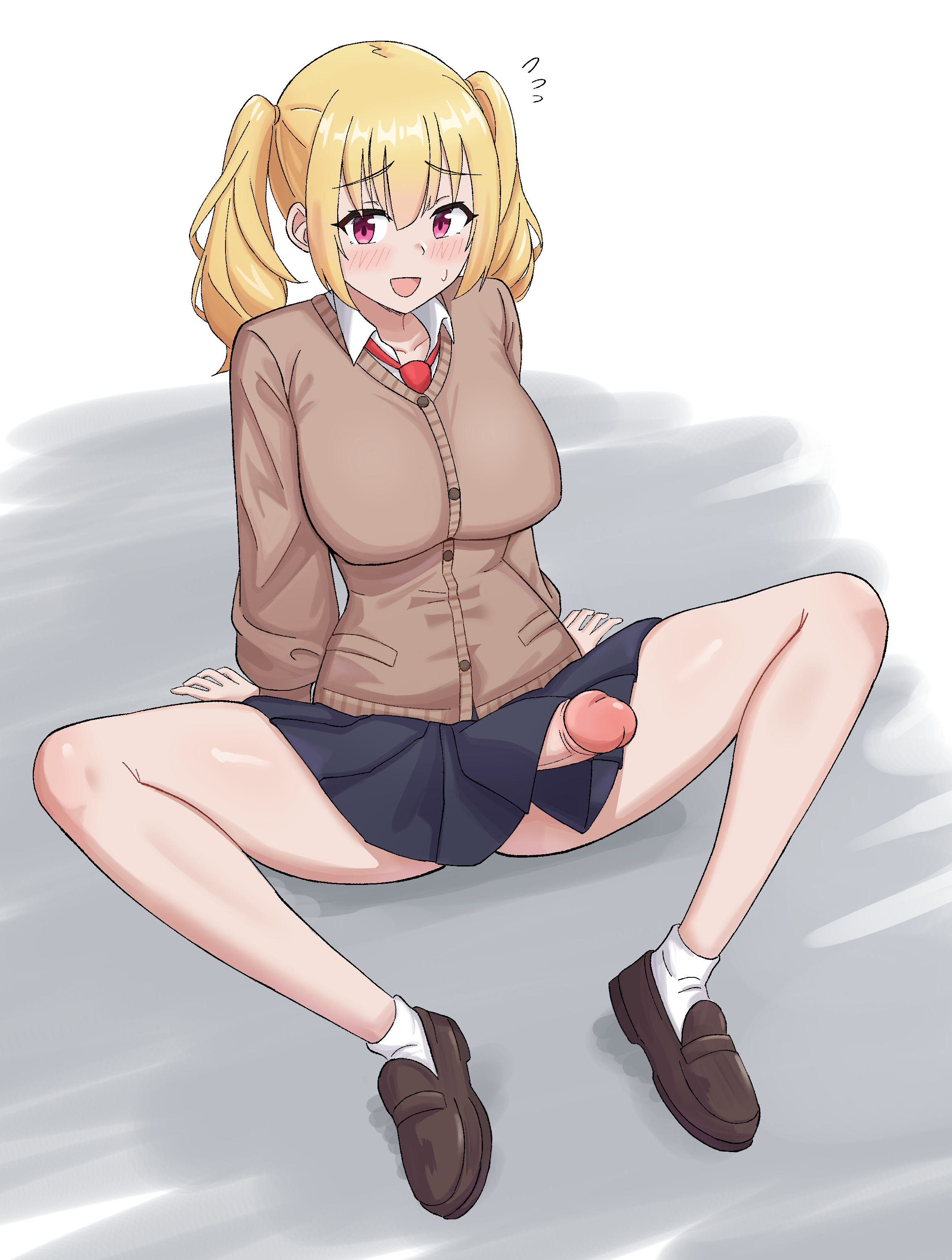 kurofuro, original, absurdres, commentary, english commentary, highres, 1girl, :d, accidental exposure, bare legs, blonde hair, blush, breasts, brown shoes, cardigan, embarrassed, erection, fallen down, flying sweatdrops, full body, futanari, large breasts, loafers, long hair, miniskirt, necktie, open mouth, penis, pink eyes, red necktie, school uniform, shirt, shoes, skirt, smile, socks, solo, twintails, uncensored, white shirt, white socks