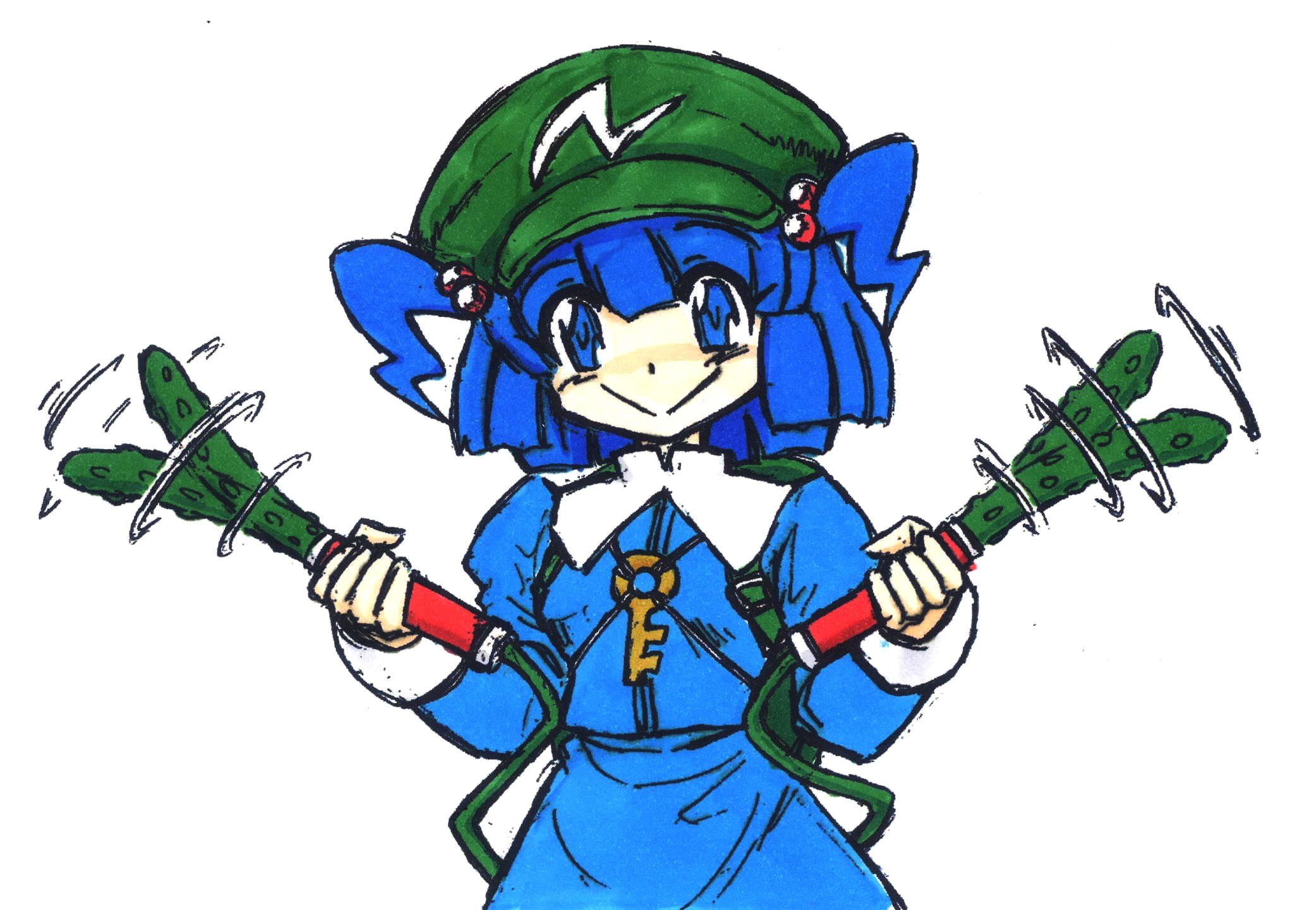 syodo, kawashiro nitori, touhou, highres, traditional media, 1girl, :>, backpack, bag, blue eyes, blue hair, blush, cucumber, dildo, female focus, hair bobbles, hair ornament, key, long sleeves, looking at viewer, matching hair/eyes, nose blush, randoseru, sex toy, short hair, short twintails, simple background, skirt, skirt set, smile, solo, standing, twintails, two side up, vibrator, white background