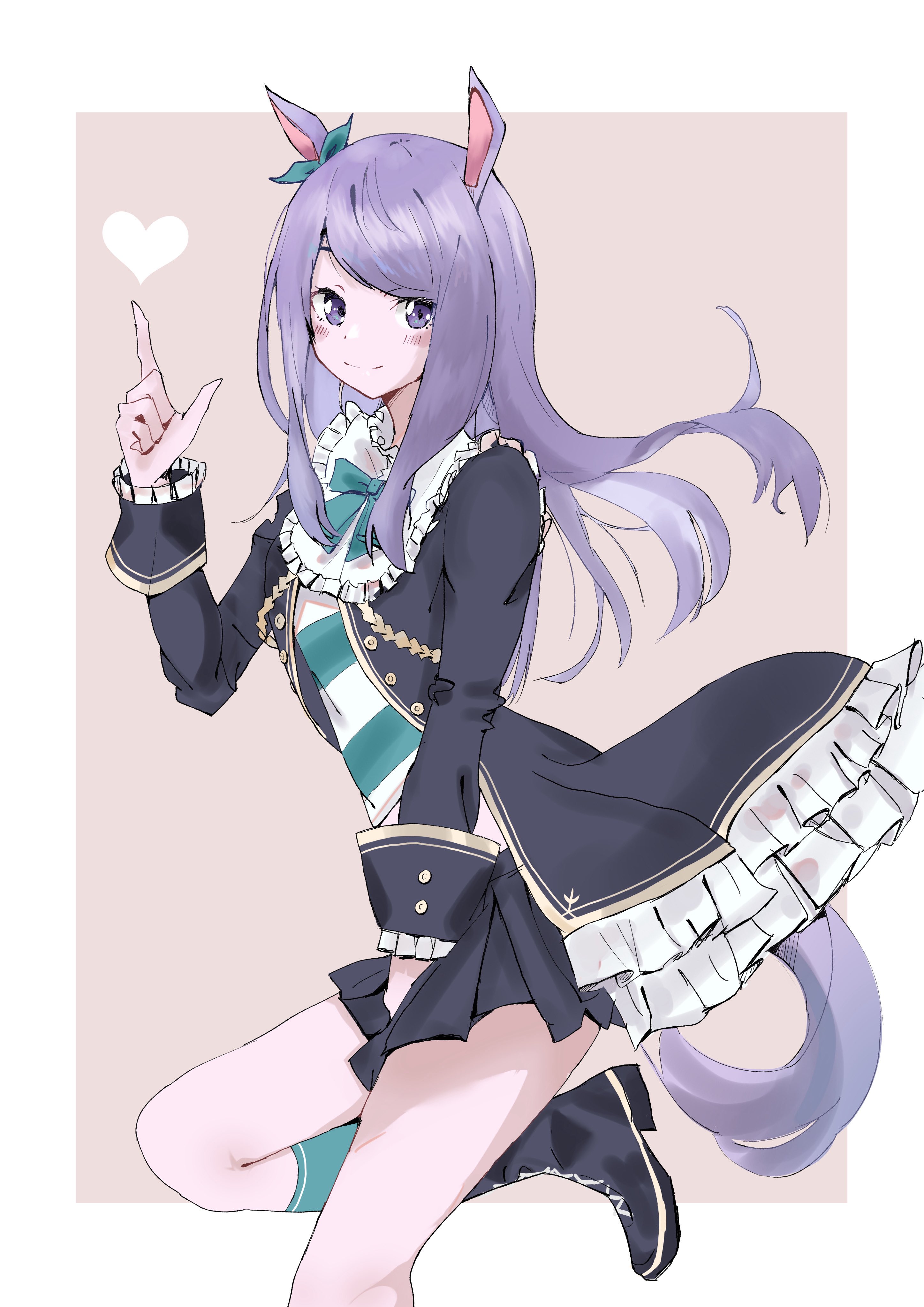 amausa subee, mejiro mcqueen (frontline elegance) (umamusume), mejiro mcqueen (umamusume), umamusume, absurdres, commentary request, highres, 1girl, animal ears, aqua bow, aqua socks, black boots, black jacket, black skirt, blush, boots, bow, closed mouth, coat, ear bow, ear ribbon, frilled coat, frilled jacket, frills, heart, horse ears, horse girl, horse tail, jacket, long hair, long sleeves, looking at viewer, pleated skirt, purple eyes, purple hair, shirt, skirt, smile, socks, solo, striped clothes, striped shirt, tail