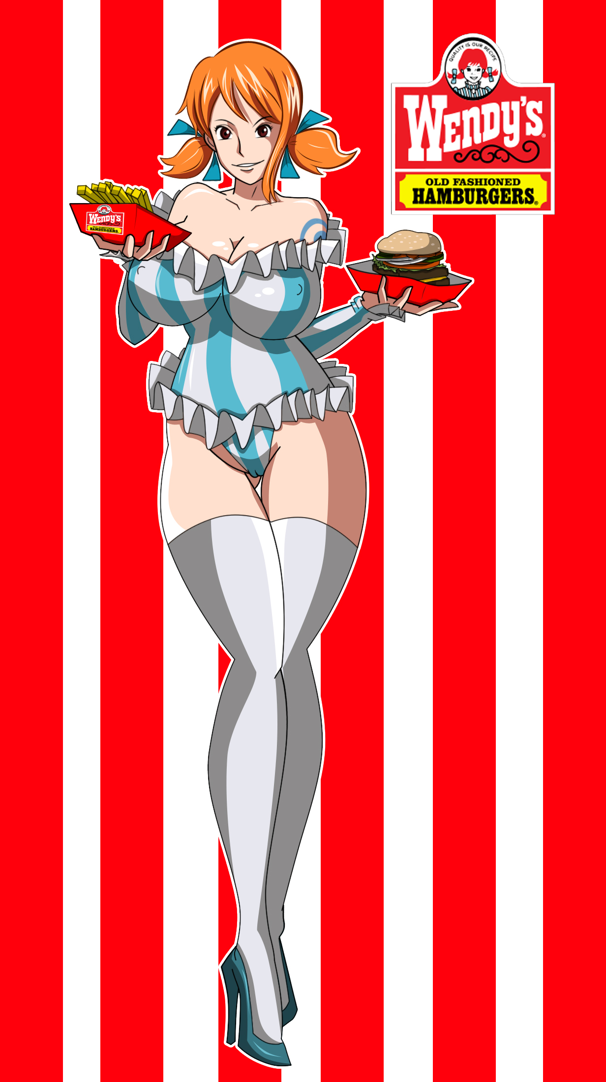 one piece, wendy's, nami, highres, breasts, burger, cameltoe, cleavage, cosplay, covered erect nipples, food, french fries, frills, high heels, huge breasts, large breasts, shoes, short twintails, tattoo, thighhighs, twintails, vertical stripes