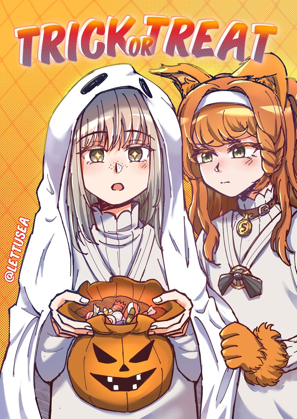 sonetto (reverse:1999), vertin (reverse:1999), reverse:1999, commentary, english commentary, highres, + +, 2girls, :o, aged down, animal ears, black bow, black bowtie, bow, bowtie, brown collar, candy, collar, dress, english text, food, freckles, ghost costume, gloves, green eyes, grey eyes, grey hair, hairband, holding, holding pumpkin, jack-o'-lantern, kemonomimi mode, lettuce (lettusea), looking at another, medium hair, multiple girls, orange background, orange gloves, pumpkin, trick or treat, twitter username, upper body, white dress, white hairband