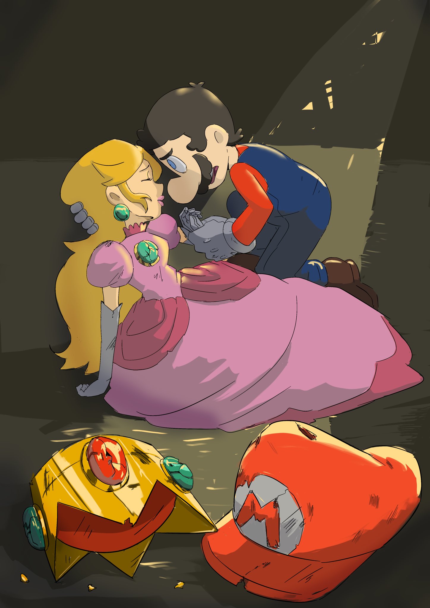 mario, princess peach, mario (series), nintendo, highres, 1boy, 1girl, blonde hair, blue eyes, breasts, brown hair, closed eyes, crown, death, dress, facial hair, gloves, hand on another's shoulder, hat, holding hands, large breasts, legs, long hair, mustache, open mouth, overalls, pink lips, princess, sad, short hair, sitting, teeth, thighs, tongue, torn clothes