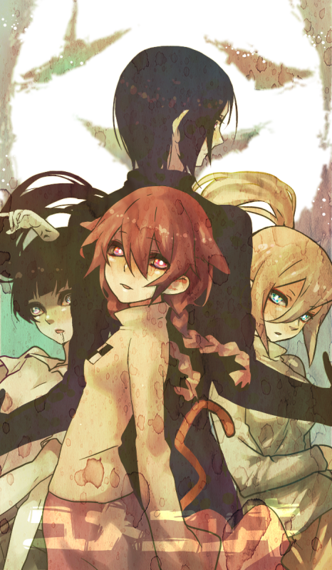 tsukisu, madotsuki, monoko, poniko, sekomumasada sensei, uboa, yume nikki, black hair, blonde hair, blue eyes, braid, red eyes, red hair, twin braids, twintails